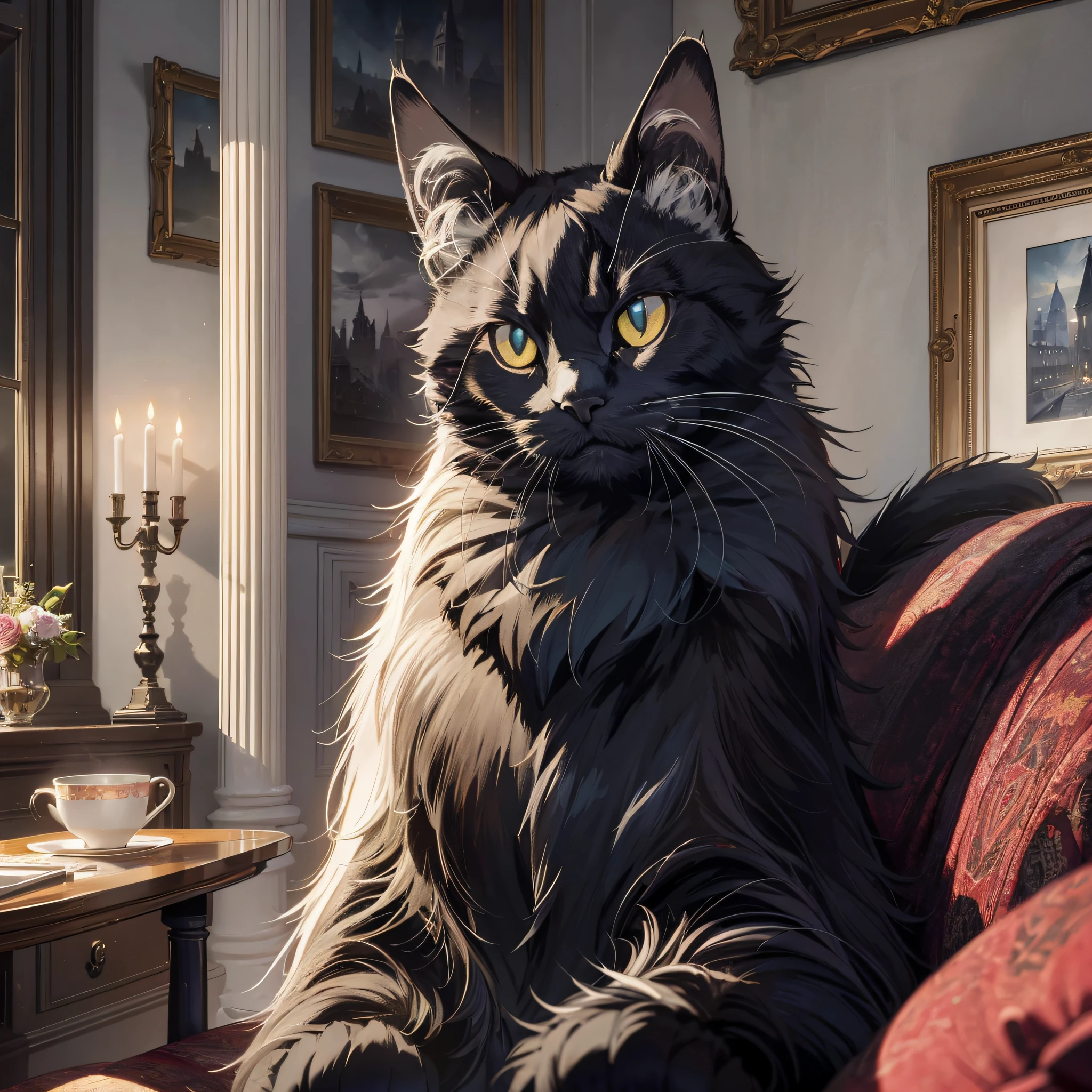 Absurd resolution, high resolution, (masterpiece: 1.4), hyper-detail, night, dark and eerie room, black cat on the couch, very angry look, roaring