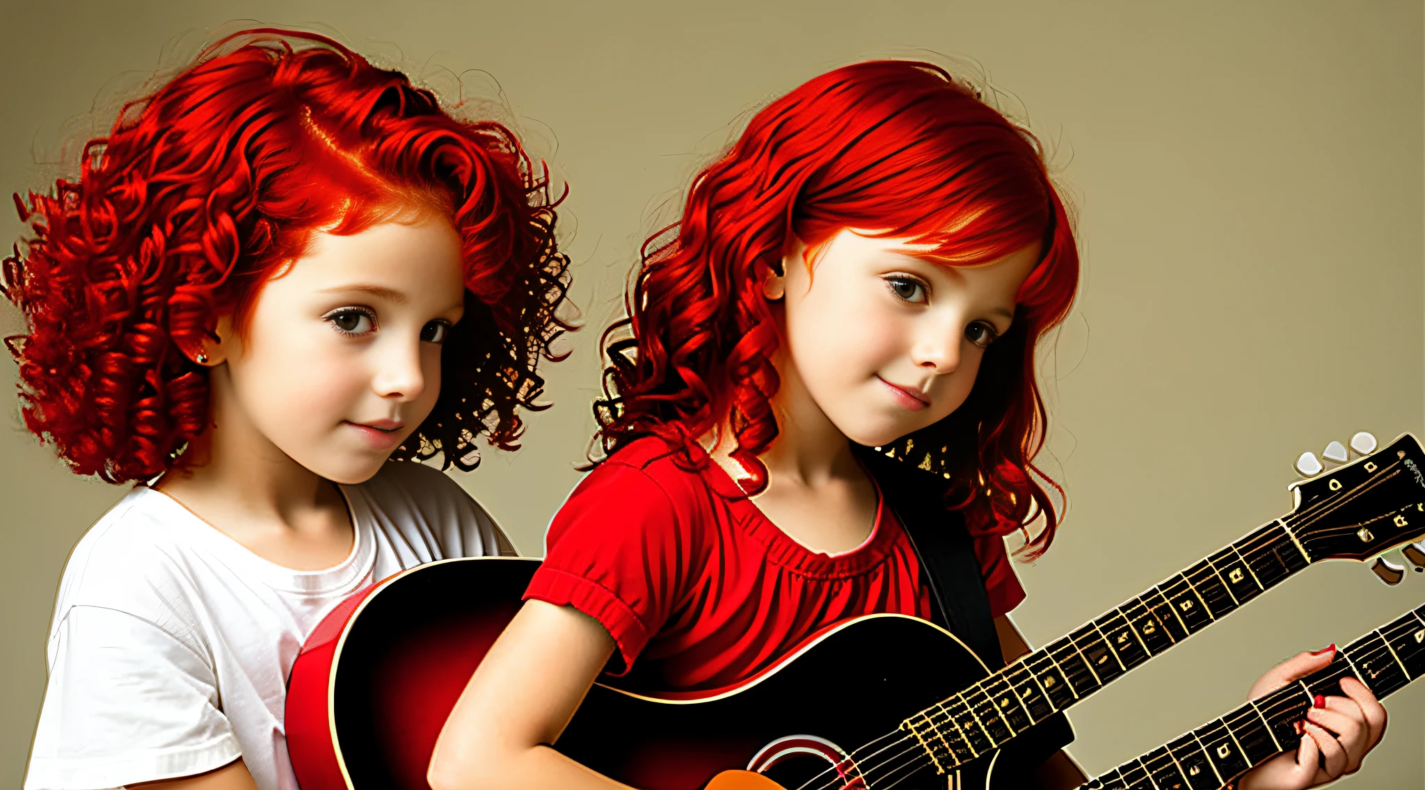 CHILD girl with red hair holding a guitar and a red cup, elegant, taken in early 2020, profile picture, profile picture, with curly red hair.