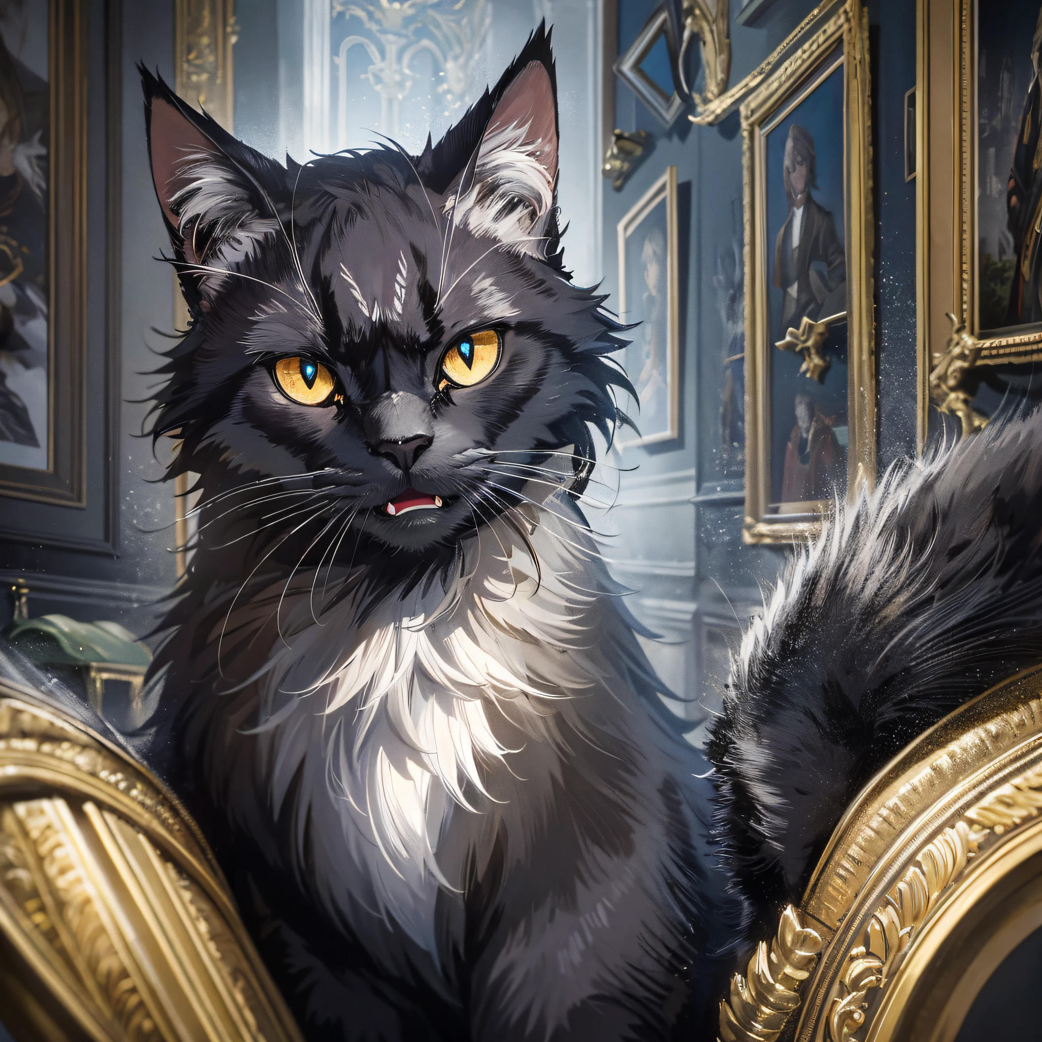 Absurd resolution, high resolution, (masterpiece: 1.4), hyper-detail, night, dark and eerie room, black cat on the couch, very angry look, roaring