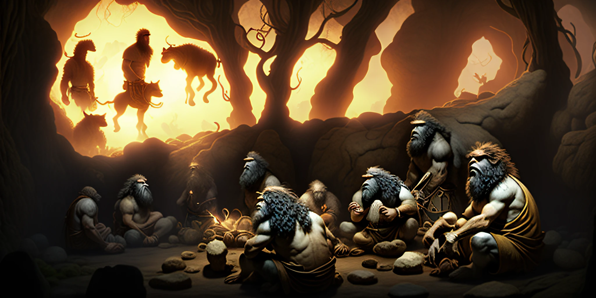 a group of people sitting in a cave with a shadow of a man on the wall, pre-family caveman, three fat hairy cave people, stone age rave in a cave, a caveman is cowering in fear, animated movie still, three hairy neanderthal people, epic biblical representation, fictional movie still, cave painting, inspired by Richard Corben, ultra realistic