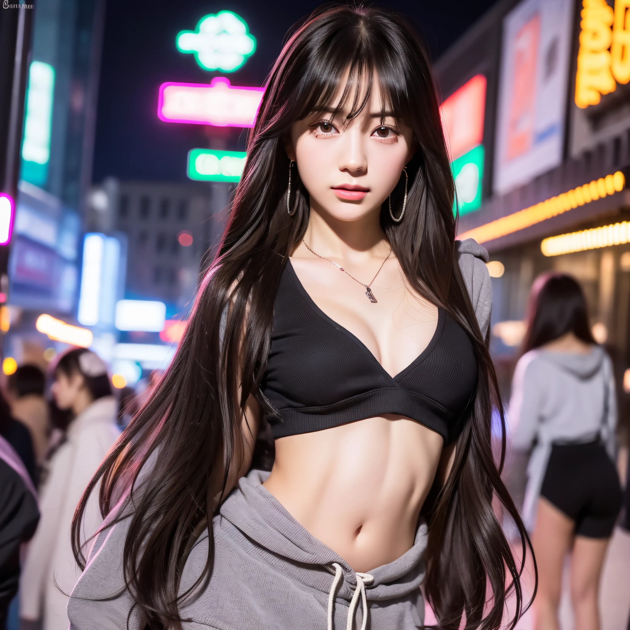 (8k, RAW photo, best quality, masterpiece:1.2), ultra detailed, ultra high res,
(realistic, photo realistic:1.37), high detail RAW color photo, professional photograph,
an extremely delicate and beautiful, extremely detailed, 8k wallpaper, Amazing, finely detail, huge file size, official art, extremely detailed CG unity 8k wallpaper,
extremely detailed beautiful girl, extremely detailed face, extremely detailed eyes, extremely detailed skin, extremely detailed fingers, extremely detailed nose, extremely detailed mouth, perfect anatomy, highly detailed background, extremely detailed clothing,
1girl, (18 years old:1.2), age, cute girl, famous japanese idol, kawaii,
(small breasts:1.2), realistic body, petite,
fair skin, shiny skin, slender body, good figure,
black hair, long straight hair, (blunt bangs:1.2),
smile, cute, young, cute face, baby face, realistic face,
beautifully detailed eyes, drooping eyes, beautiful big eyes, large dark eyes, beautiful and clear eyes,
(hoodie:1.2), short sleeve, short pants, thigh, necklace, earrings,
looking at viewer, cowboy shot, front view, standing posture, contrapposto,
outdoors, (night:1.2), neon city, neon light, neon sign, public, crowd,
dynamic lighting, front lighting,
