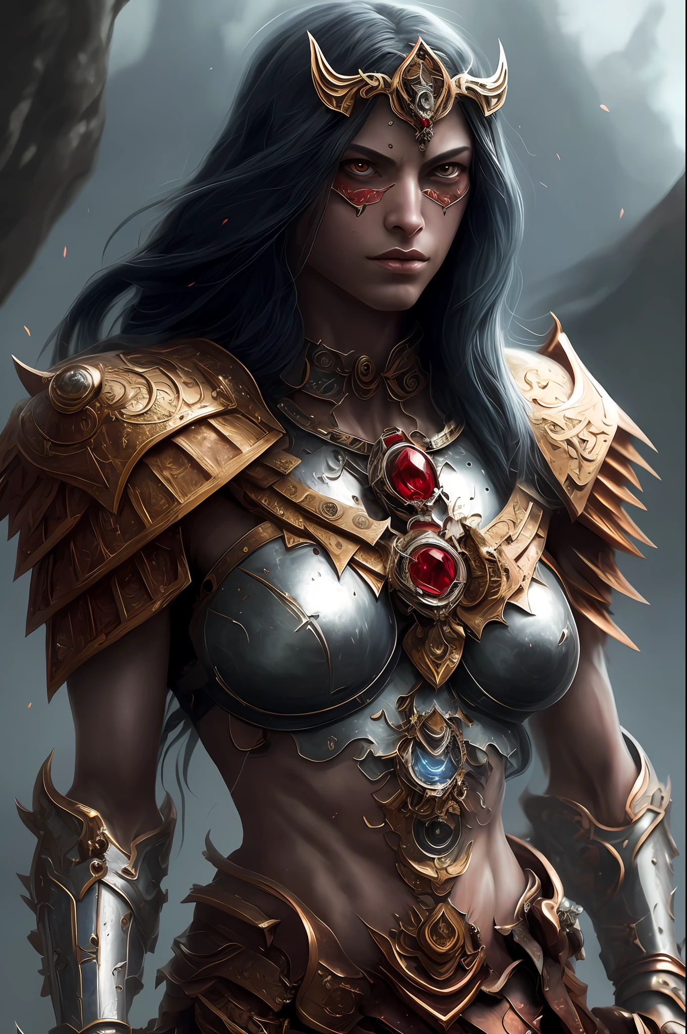 (Painting: 1.3) from (Detailed illustration: 1.3) A (full body: 1.3) shot in 8k resolution, splash art, fantastic style of comics, photorealistic, intense visual, anatomical photorealistic digital painting portrait of a (Spartan warrior: 1.3) human (warrior: 1.3) in intricate red and silver (heavy armor: 1.3) in one (dark and temperamental universe: 1.3), particle of light, very detailed skin,  Samurai, very detailed eyes (old ring style: 1.3), (Warhammer style:1.1), conceptual artist, global lighting, depth of field, splash art, art by Artgerm and Greg Rutkowski and Viktoria Gavrilenko