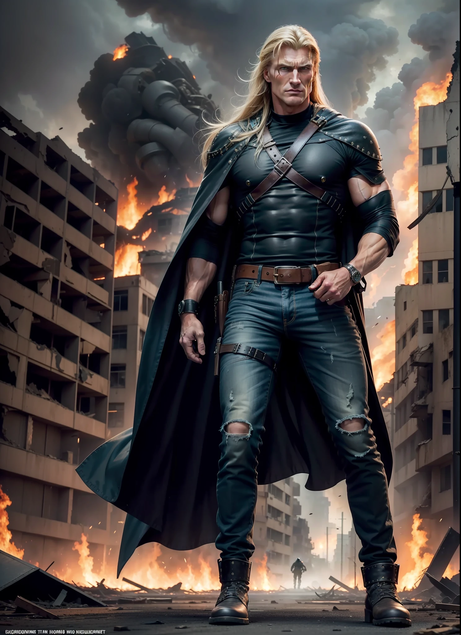Dolph Lundgreen, long hair, jeans, 1 belt, holster, rivets, long black cape, just one body, big gun in hands, in ruins, explosions behind, fire behind, front view