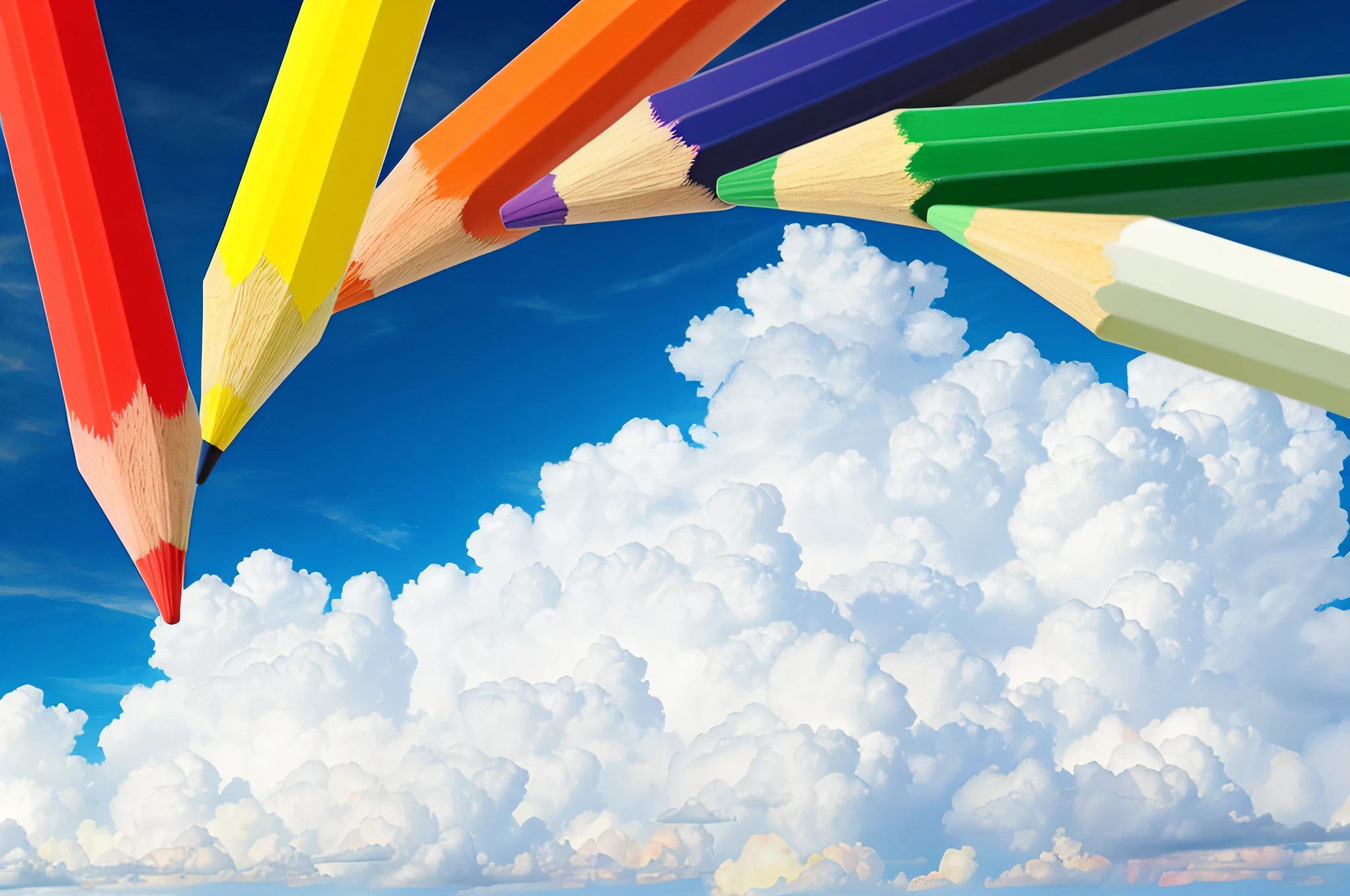there are many colored pencils sticking out of a cloud, colorized pencil, colored pencils, pencils, rainbow colored clouds, color pencil, blue sky with colorful clouds, colorful clouds, clouds background, colored, pencil, colorful picture, cloud background, crayons, details and vivid colors, various colors, pencil marks hd, colorized background, multicolored, on a bright day