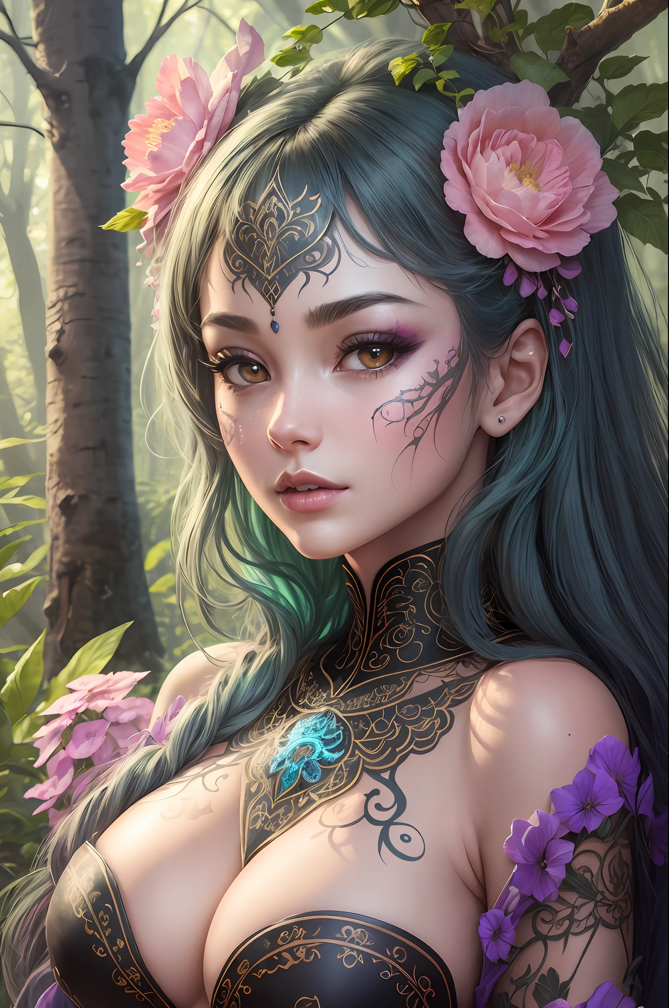 a blooming flowers unreal unknown monster with psychedelic details lay in the forest.(beautiful face),(big breast),(seductive body),(show breast),High resolution, intricate details,(tarot style:1.0),(radiant:1.0),(face uv makeup),glowing in the dark ,background details, perfect images quality,perfect details face, perfect details body, perfect details skin,perfect render,fantasy art,high resolution,isometric,full hd,hdr,uhd,8k,(kotosmix render),(focus face),masterpiece ,uhd, —ar 1024:2048,—iw 15 , show full object portrait , details background. --auto --s2