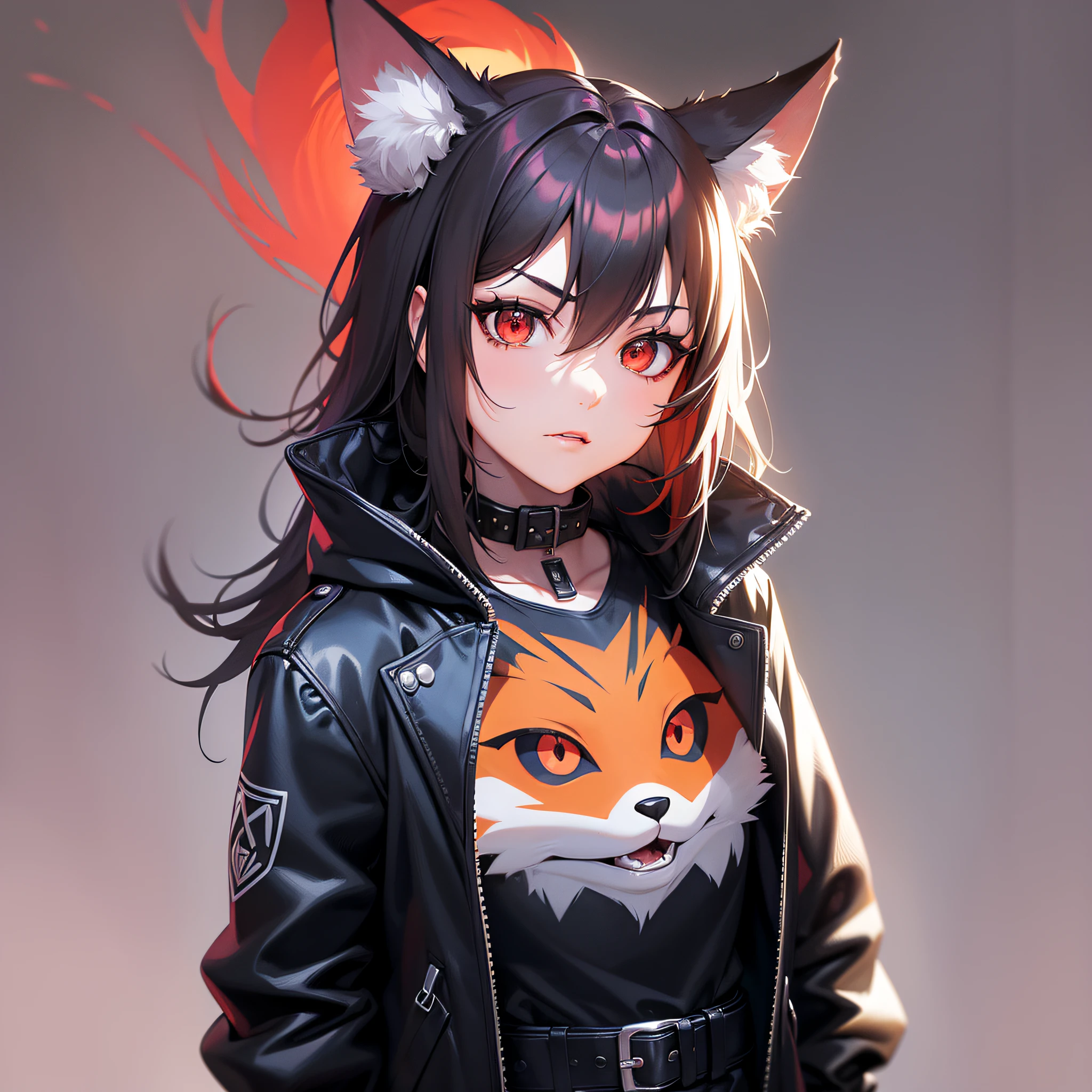 (anthropomorphic fox cute cub) with black jacket, red eyes, bad girl, young, portrait, bust, posture facing the camera, cartoon, dress as 80s metalhead rocker masterpiece, confident posture, youtuber