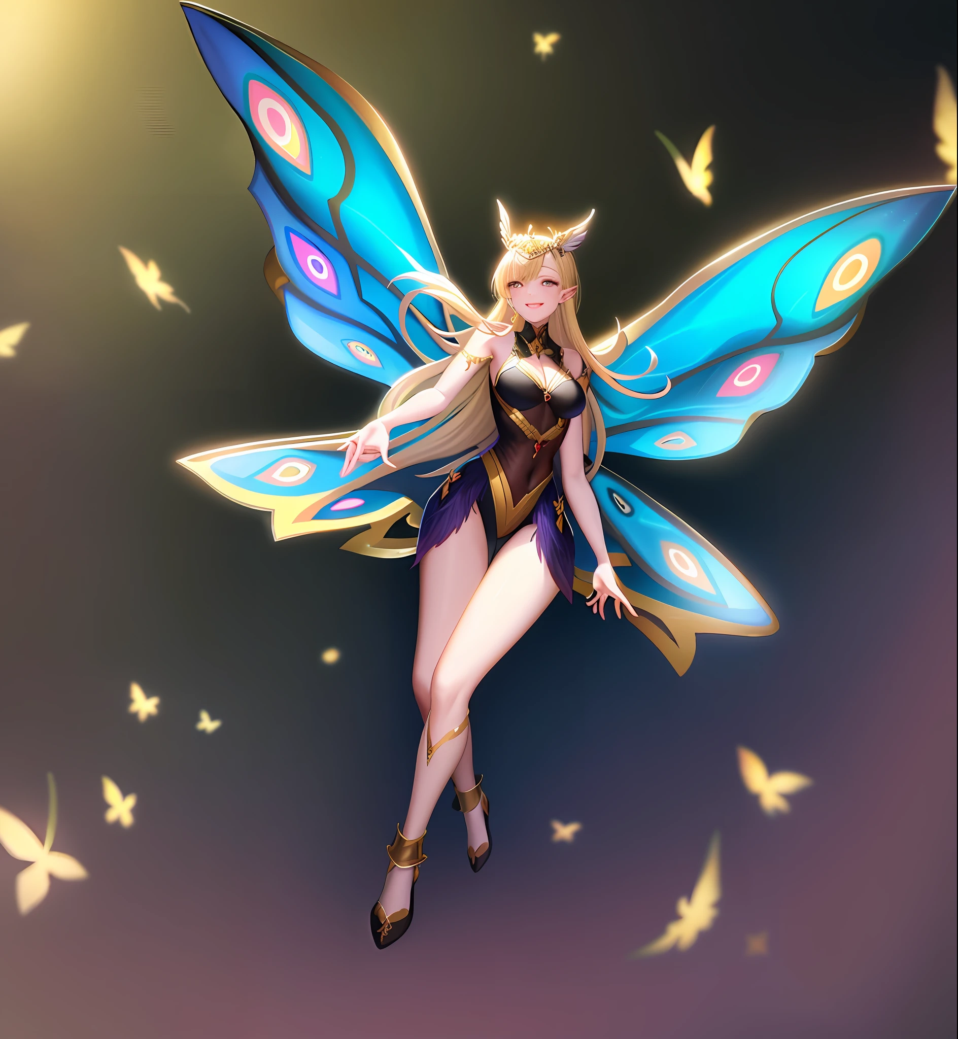 There is a cartoon picture of fairy with butterfly wings, elf characters, spirit fantasy concept art, astral fairy, magic fantasy 2 D concept art, fairy queen, full body concept, beautiful adult fairy queen, fairy queen, fairy, beautiful adult fairy, super detailed fantasy character with big wings, smiling like fairy queen, two-dimensional, 1girl, blonde, red eye, young, side light bare shoulder, glowing eyes, magic array, light particles, rays, forest, pale skin