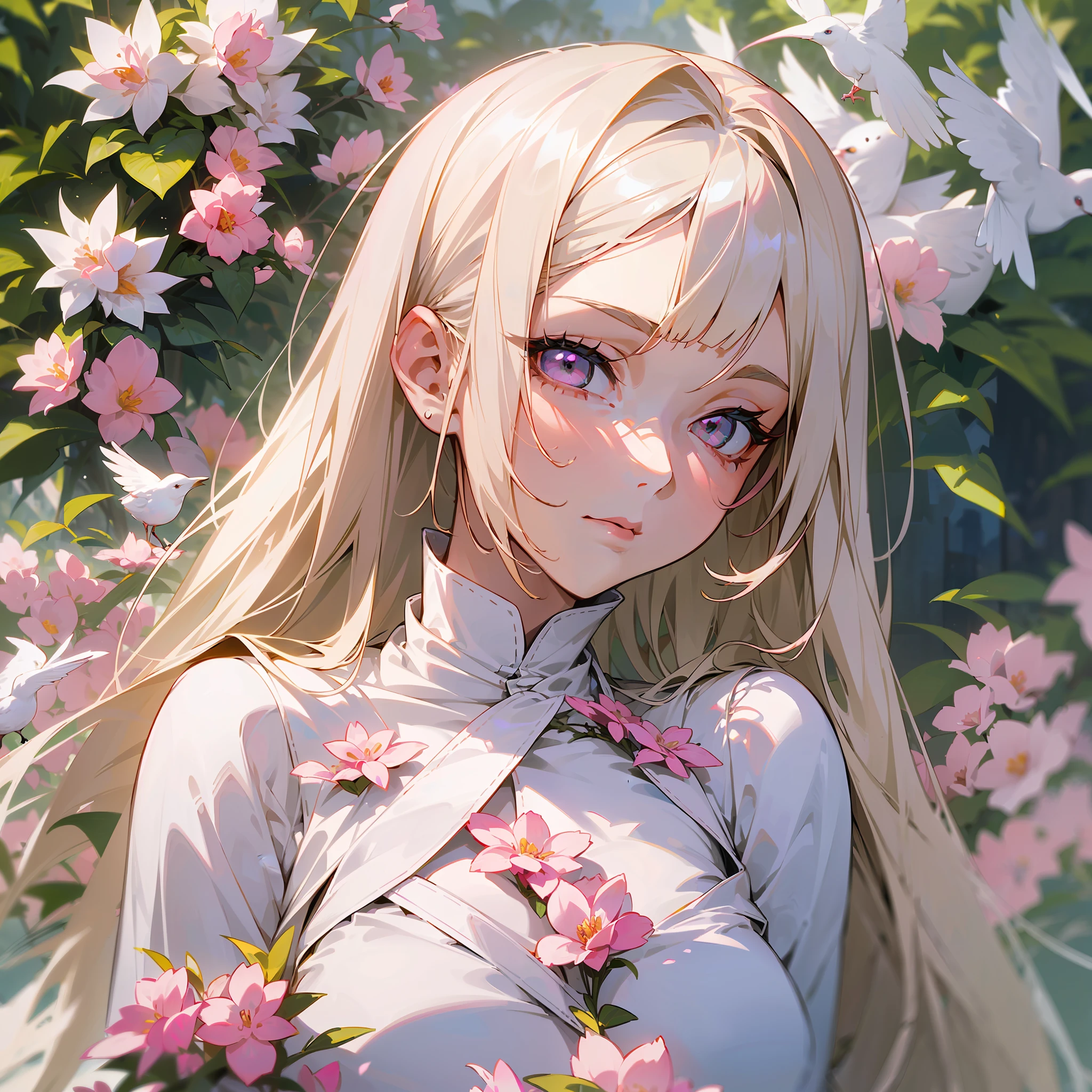 (a woman:1.1),(long hair:detailed hair),(spiky hair),(short bangs:detailed hair),(platinum hair:1.3+blonde),(pink eyes:1.2+detailed eyes),(angel:1.2+slim body),(white clothes:1.1),(garden),(pink flowers:1.1),(white birds:1.1)