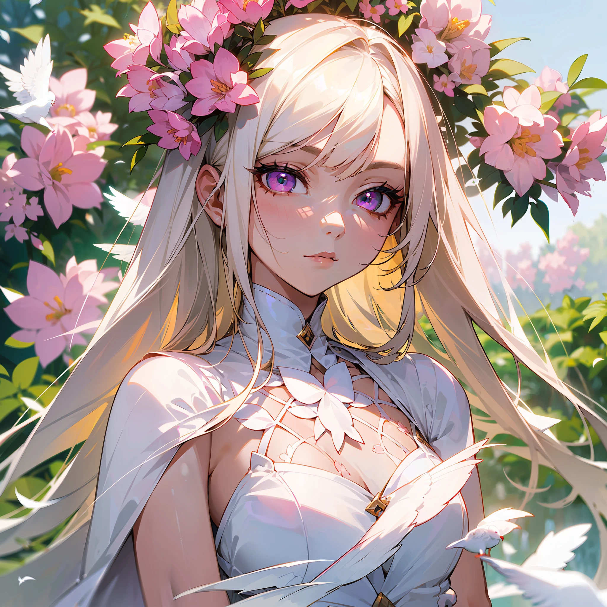 (a woman:1.1),(long hair:detailed hair),(spiky hair),(short bangs:detailed hair),(platinum hair:1.3+blonde),(pink eyes:1.2+detailed eyes),(angel:1.2+slim body),(white clothes:1.1),(garden),(pink flowers:1.1),(white birds:1.1)