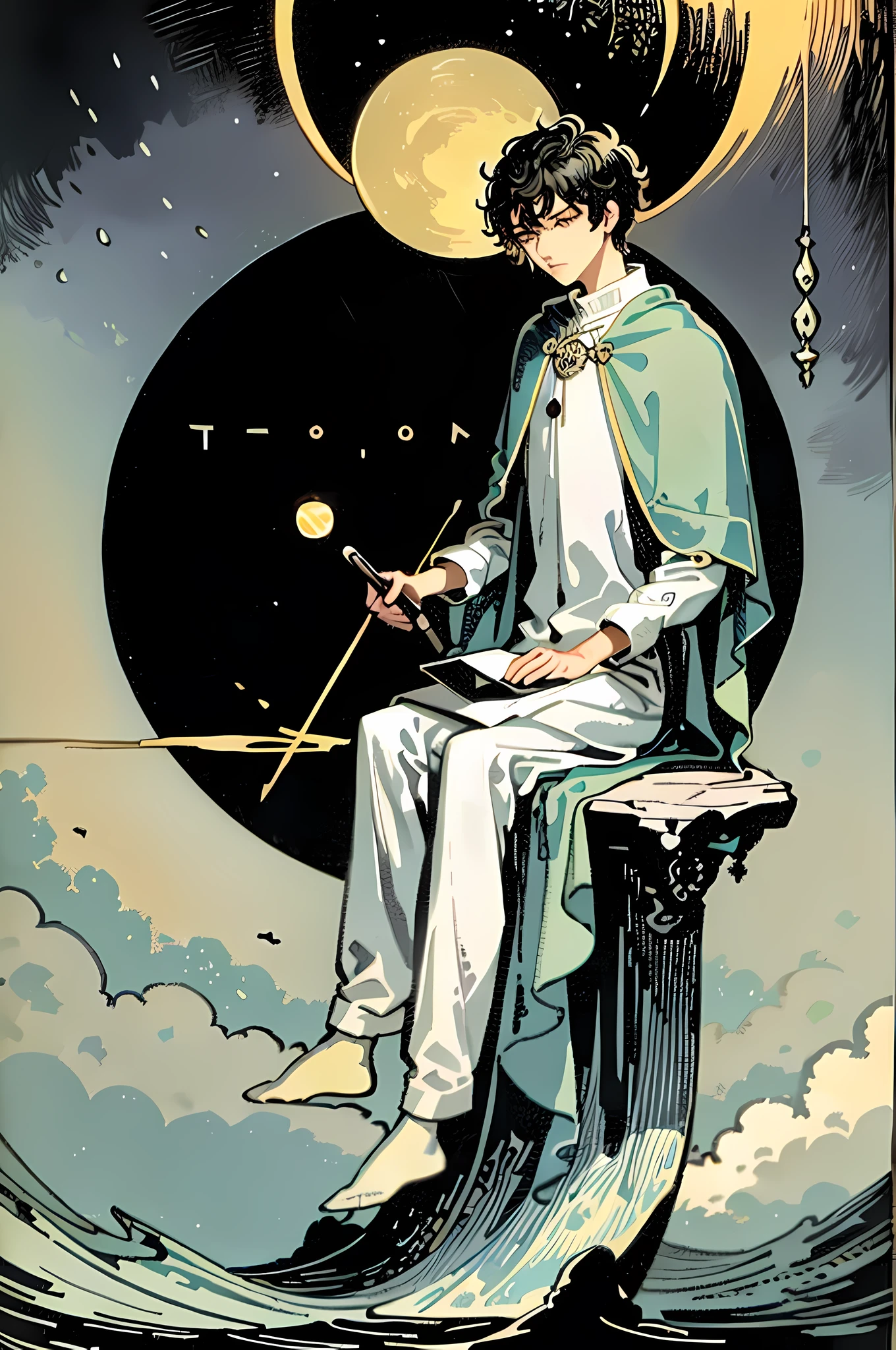 masterpiece, best quality, full body, tarot card, 1 man, calm, the moon, wisdom, knowledge, suit, short hair, black hair, brush cut,