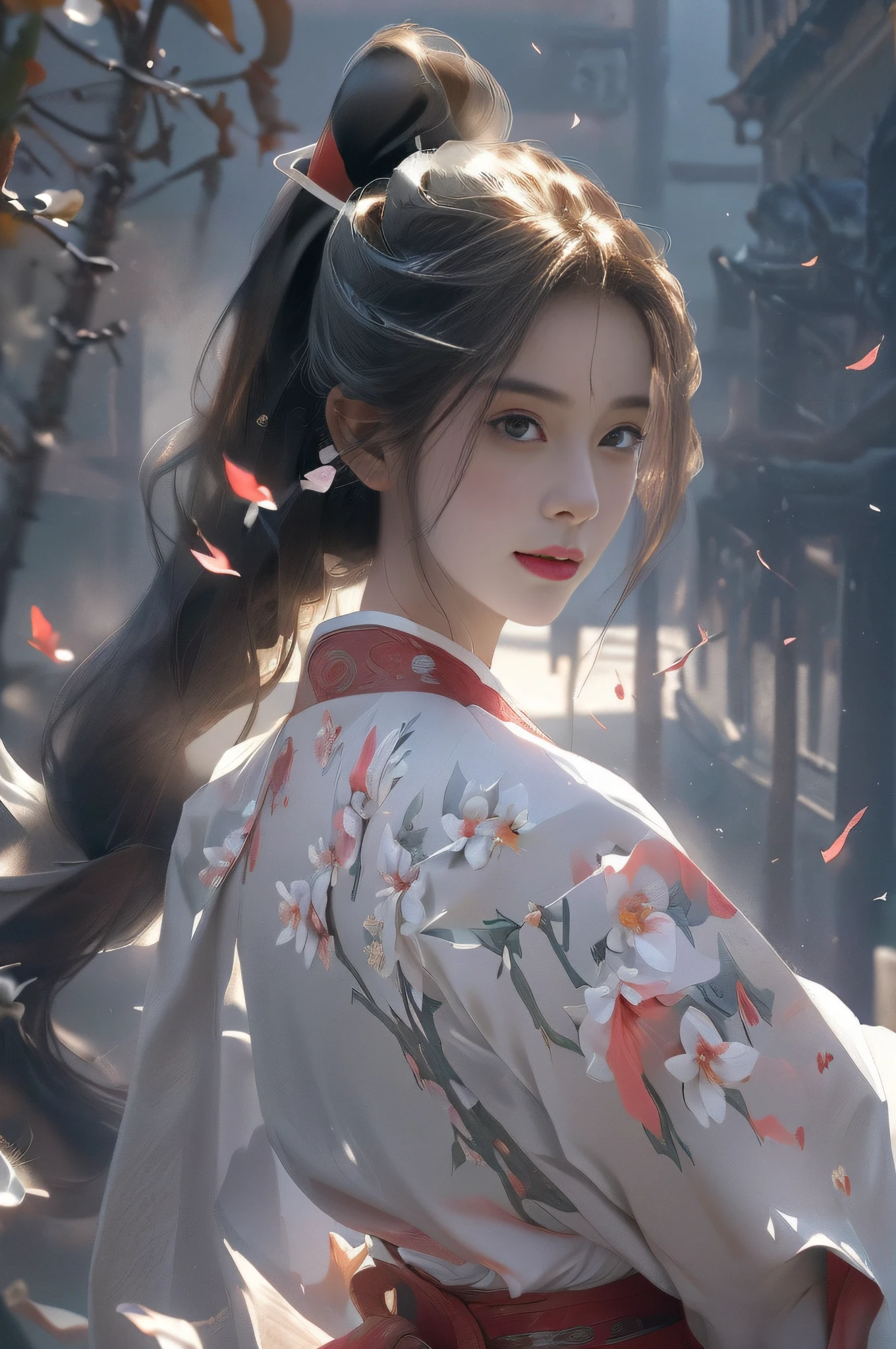 (Best Quality), (Realisticity: 1), Realistic Skin Texture, Highly Detailed, 8k Wallpaper, Masterpiece, Ultra Detailed, Detailed Facial Features, Volume Lighting, Dynamic Lighting, Bust Shot, 1 Man, Smile, Peach Blossom Forest, White Long Hair, Ponytail, White Hanfu, Red Belt, Petals Flying, Smoky, Ancient Architecture, Movie Lighting, Dynamic Perspective,