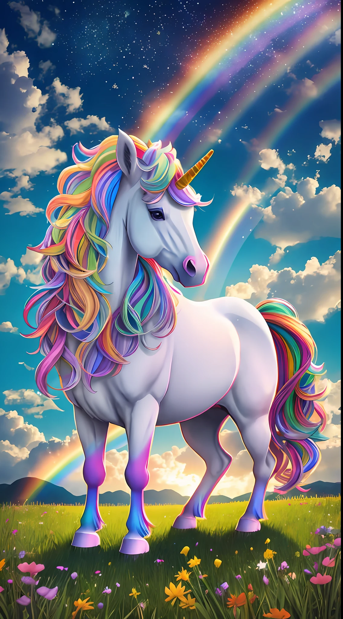 a whimsical, multi-colored unicorn standing on a grassy hill with a rainbow in the background. The unicorn has a golden horn, a rainbow mane, and a fluffy tail. Its eyes are large and expressive, with a playful glint. The grass beneath its hooves is a mix of greens and yellows, with small flowers scattered throughout. The rainbow in the background is bright and vivid, with distinct bands of color. --auto --s2