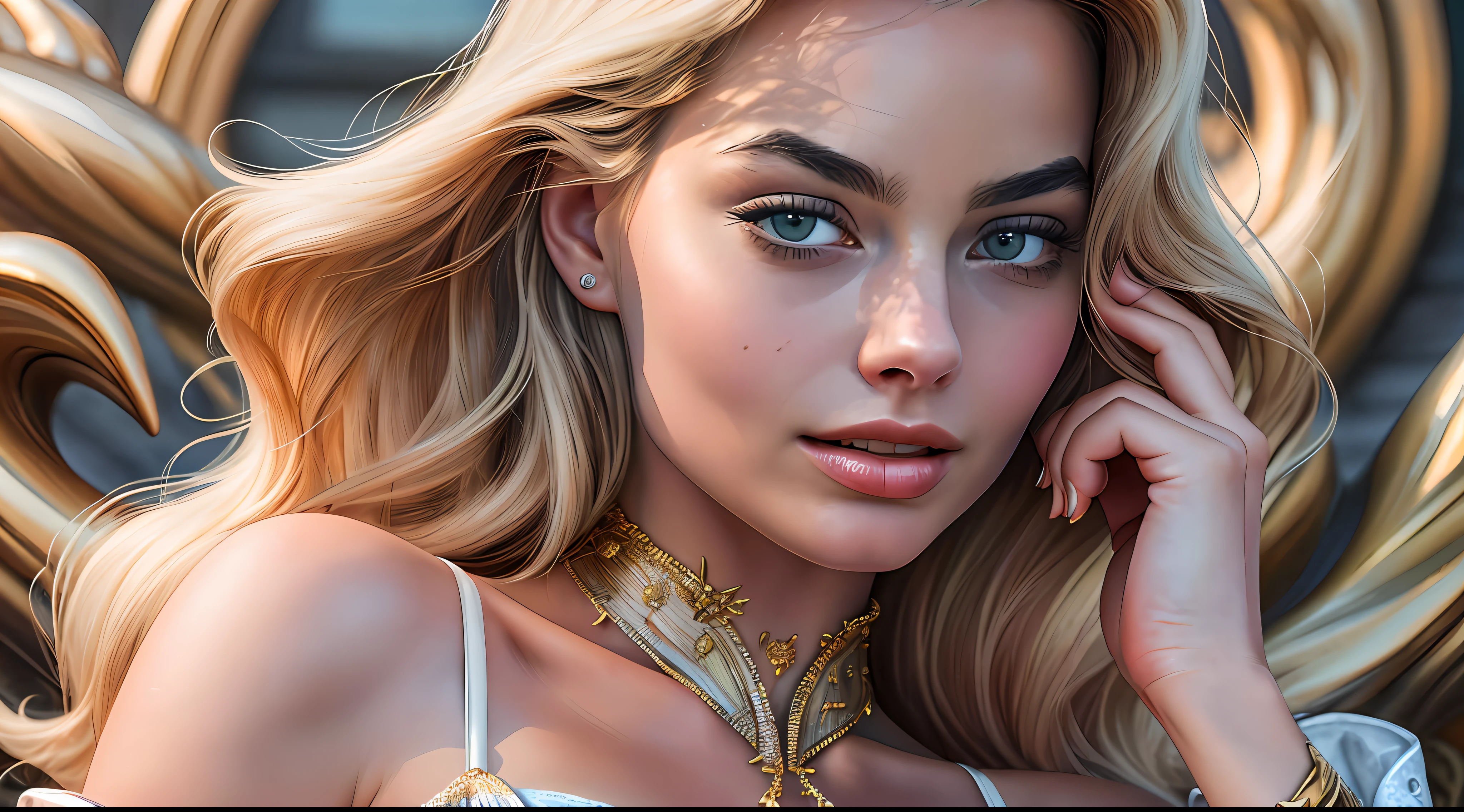 high quality photography of Margot Robbie (super detailed face and body, perfect anatomy) a beautiful Greek queen wearing golden couture posing for haute couture perfect details, intricate, super detailed, super realistic, 12K, hyper detailed skin, detailed eyes, very high resolution, she is distinct and regal, she commands the photography with her expression and clothing, the fabrics are premium and beautiful, she is confident and strong, the hands are face is realistic, she is serving face, the image is inspiring to women, beautiful artistic talent, the photograph is intrusive, photographic moneyshot, taken with Canon EOS R5, 24 – 70mm f/2. 8 lens, perfect anatomy, hands with 4 fingers and 1 thumb, rendered in 8K resolution for high quality detail, 8K image quality, 8K high resolution image, hyper detailed, super realistic, intricate details