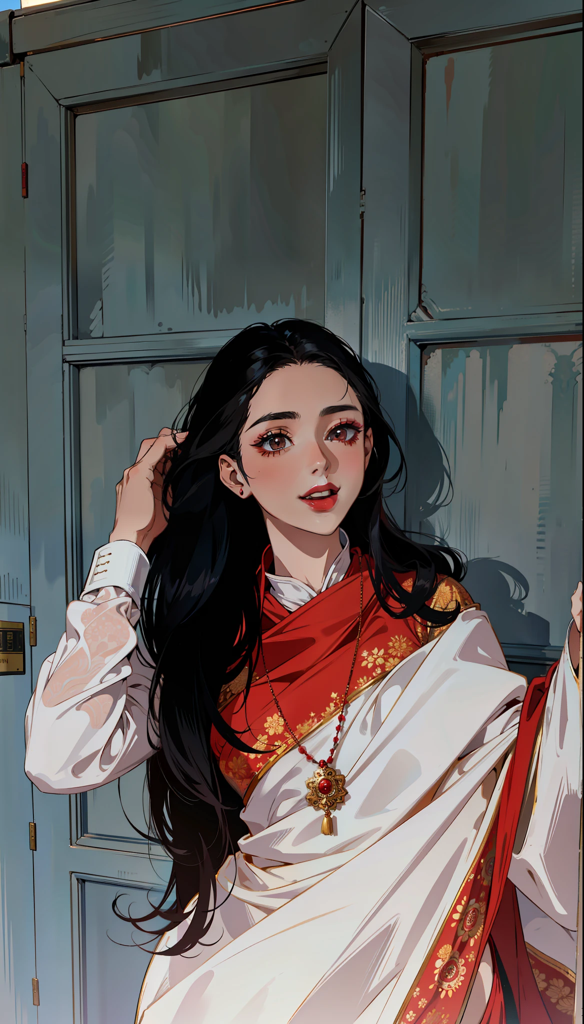 (masterpiece),(best quality:1.0), (ultra highres:1.0), detailed illustration, 8k, anime, 1girl, beautiful anime girl, wearing a white and red saree, beautiful saree, intricate details, black eyes, detailed eyes, black hair, detailed hair detailed, highlights on hair, smiling, matte red lipstick, red lips, anime style, best quality, detailed