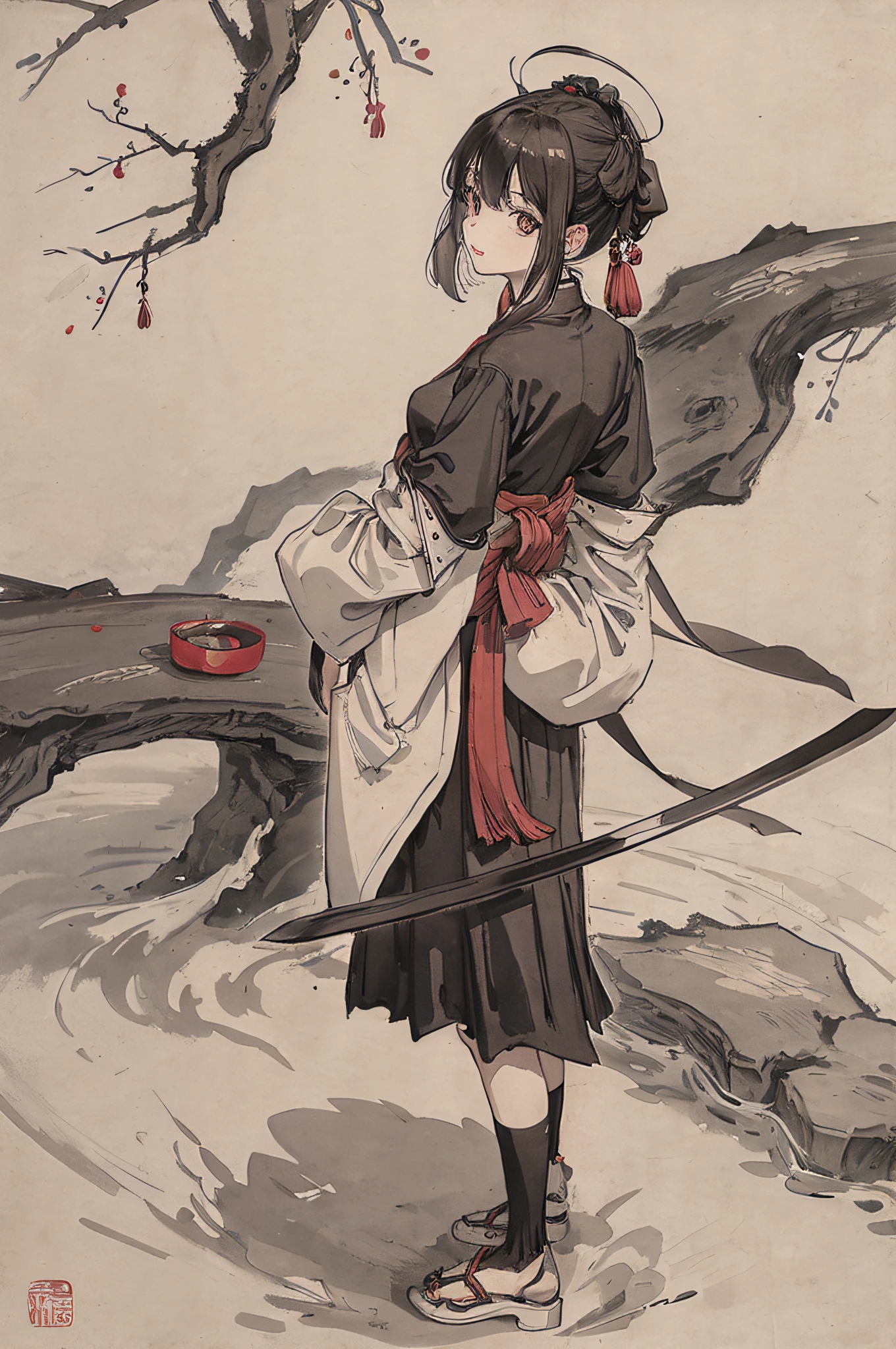 Masterpiece, superb Chinese ink painting, girl, holding a sword, Taoist robe, plum tree