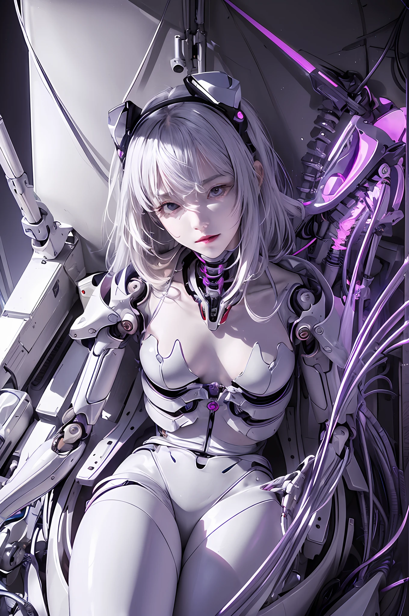 (((Masterpiece)))), (((highest quality)))), ((Ultra Definition)), (Very Detailed Photoreality), (((Very Delicate and Beautiful)), (Delicate and Pretty Face), Cinematic Light, (((1 Machine Girl)), Solo, Full Body, Big, Cleavage Is Visible Skin, White Hair, Purple Eyes, Luminous Eyes, (Mechanical Joint: 1.4), (Mechanical limbs)), (Blood vessels connected to tubes), (( Mechanical vertebrae attached to the back)), ((Cervical vertebrae of the machine) attached to the neck)), (((sitting)), expressionless, (wires and cables attached to the head and body: 1.5), (character focus), small LED lamps on the body, Evangelion, SF, metallic body, detailed neon