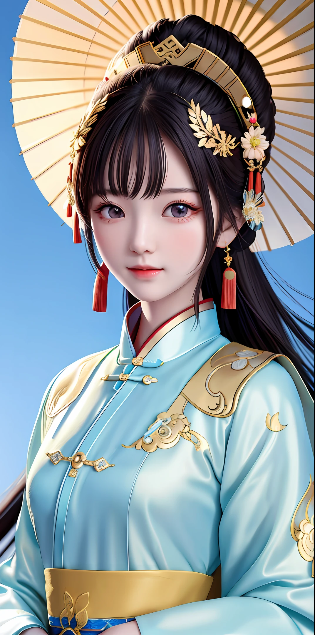A girl, ancient Chinese costume, sunshine, clear face, clean white background, masterpiece, super detail, epic composition, ultra HD, high quality, extremely detailed, official art, uniform 8k wallpaper, super detail, 32k -- v 6