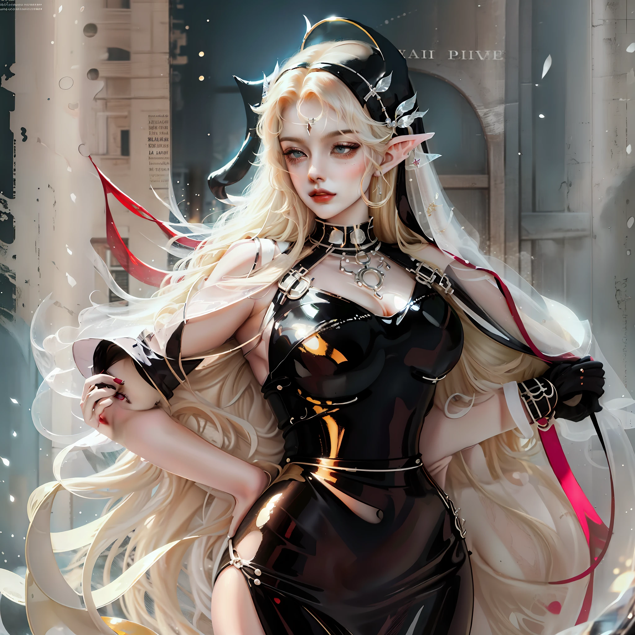 Super big breasts, bigger breasts than the body, huge breasts, very large breasts, a woman, slim patent leather nun dress, delicate face, elf ears, sexy body