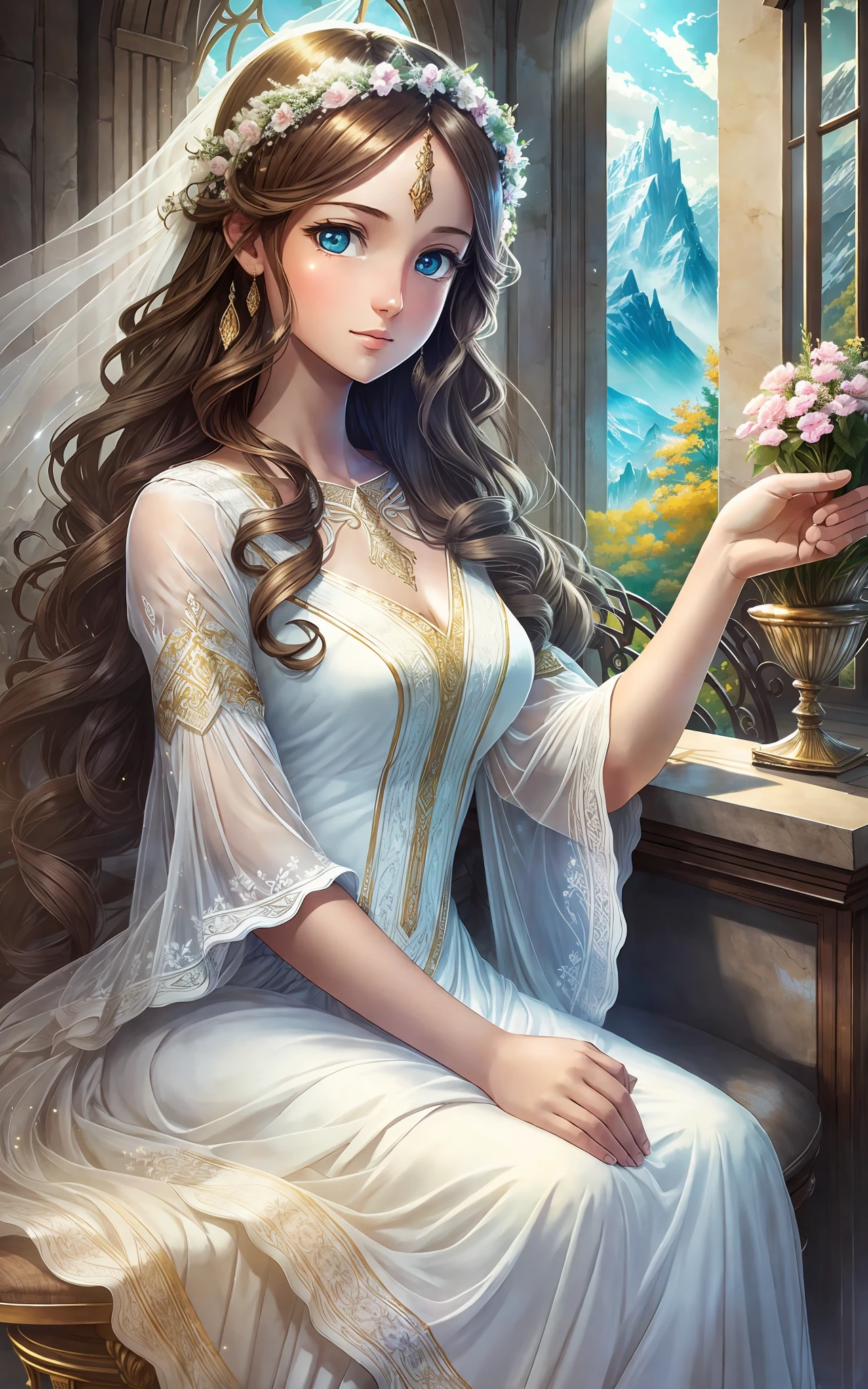 award winning 64k concept art of (1girl:1.2) in white majestic dress sitting on the throne in the mountains, epic, god rays, centered, (masterpiece:1.2), (best quality:1.2), Amazing, highly detailed, beautiful, finely detailed, warm soft color grading, Depth of field, extremely detailed 8k, fine art, stunning, iridescent, shiny, (light reflections:1.2), (crisp:1.5), curls, wind, vibrant, sunlit, (edge detection:1.2)