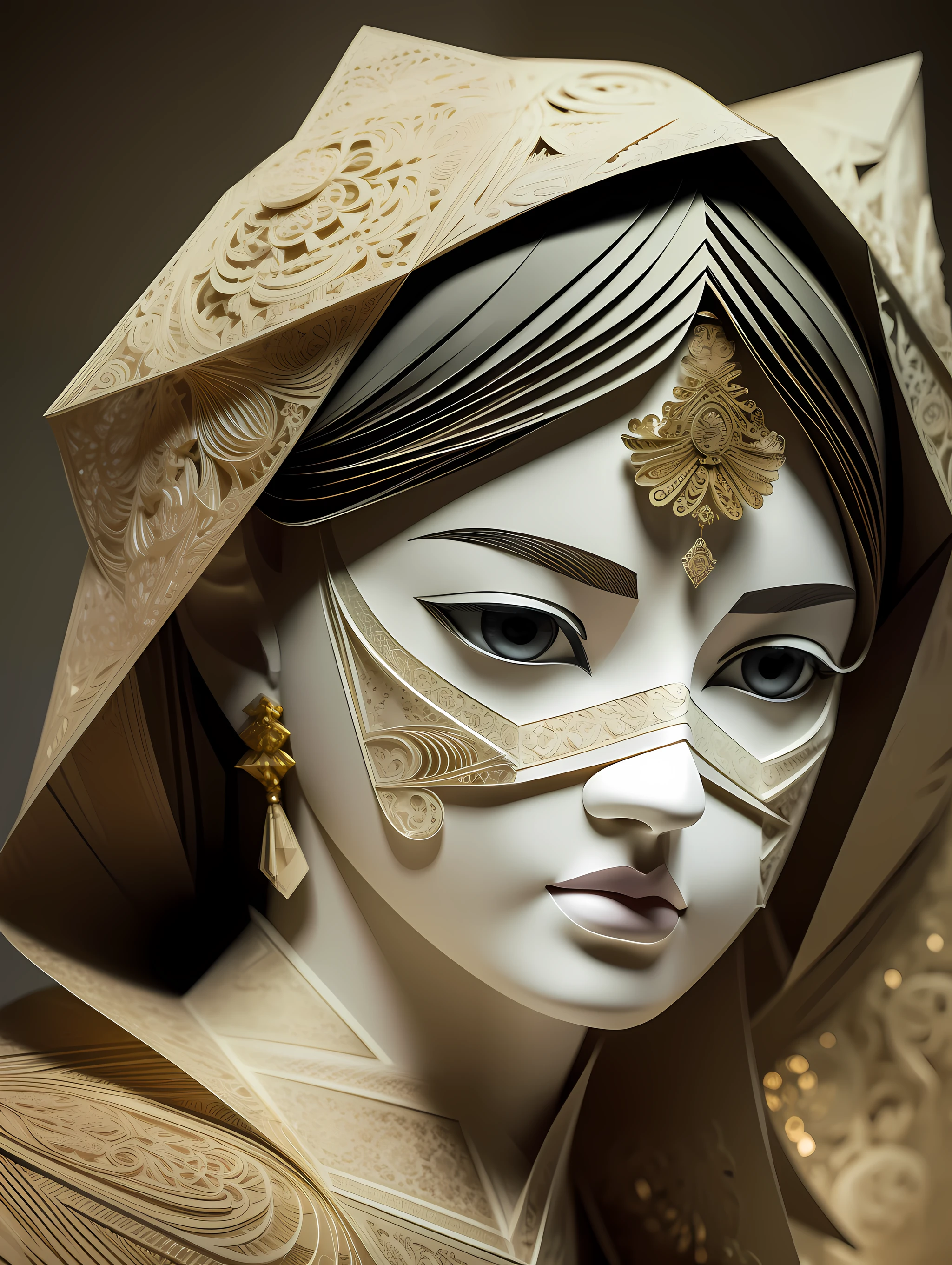 A visually stunning artistic representation of a beautiful face formed by paper folds arrangement like origami. The papers forms the intricate details of the face, including the contours, eyes, nose, and lips, with each character meticulously placed to achieve a harmonious balance. The typography style adds depth and texture to the artwork,
Dramatic lighting, intricate detailed environment, lace, smudges , dark watercolor background, masterpiece, ornate, depth,
Shot: Focus on the overall composition of the face formed by paper folds
Render: Intricate arrangement of papers characters to form the facial features with attention to detail and balance,