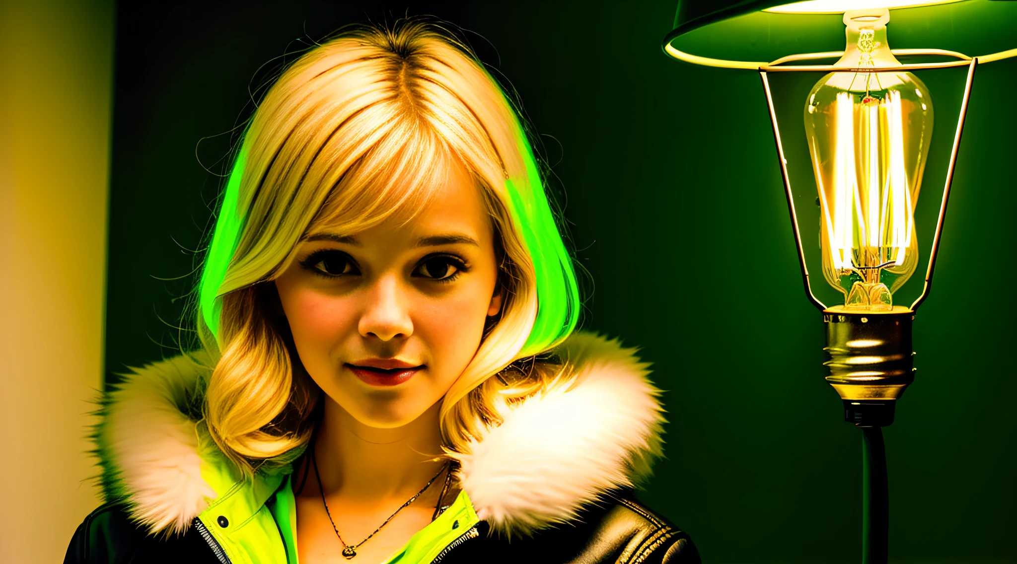 there is a GIRL CHILD 12 YEARS BLONDE CABEL SMOOTH LARGE, PORTRAIT, WITH FUR COAT, a closeup of a lot of lamps with a green background, lamps, fluorescent lighting, twinkling fluorescent lights, fluorescent lights, ambient lighting, fluorescent lights buzzing, green lighting, dim fluorescent lighting, defective fluorescent lighting, green energy, fluorescent LED, fluorescent, bright fluorescent lights, lamp, incandescent lighting, fluorescent lamp, sustainable materials