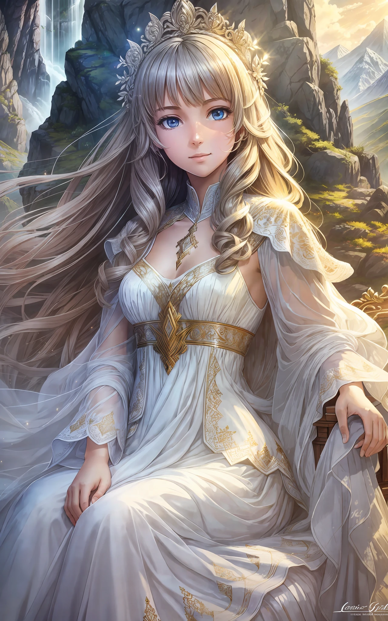 award winning 64k concept art of (1girl:1.2) in white majestic dress sitting on the throne in the mountains, epic, god rays, centered, (masterpiece:1.2), (best quality:1.2), Amazing, highly detailed, beautiful, finely detailed, warm soft color grading, Depth of field, extremely detailed 8k, fine art, stunning, iridescent, shiny, (light reflections:1.2), (crisp:1.5), curls, wind, vibrant, sunlit, (edge detection:1.2)