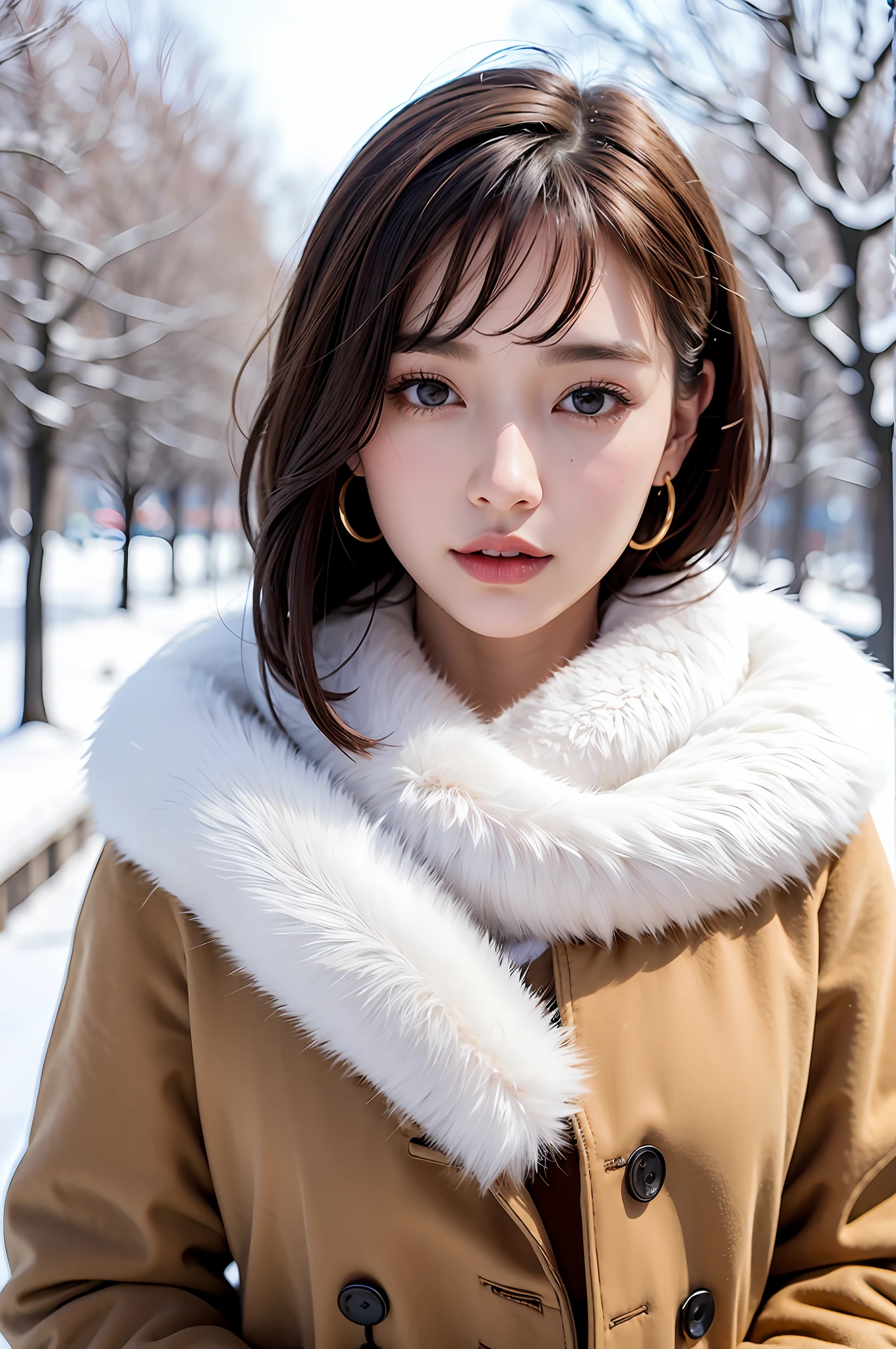 1 girl, bare_tree, brown_eyes, brown_hair, building, coat, cross_earrings, earrings, fur, fur trimmed_coat, fur_collar, fur_scarf, fur_trim, jewelry, lips, shorthair, looking_at_viewer, outdoors, snow, snow, solo, tree, upper_body, Winter, winter_clothes, detailed_eyes,Big breasts, arms close together, Chest facing camera, Big, Ears out, Golden ratio face, Golden ratio body, Best quality, Ultra high definition, Bangs