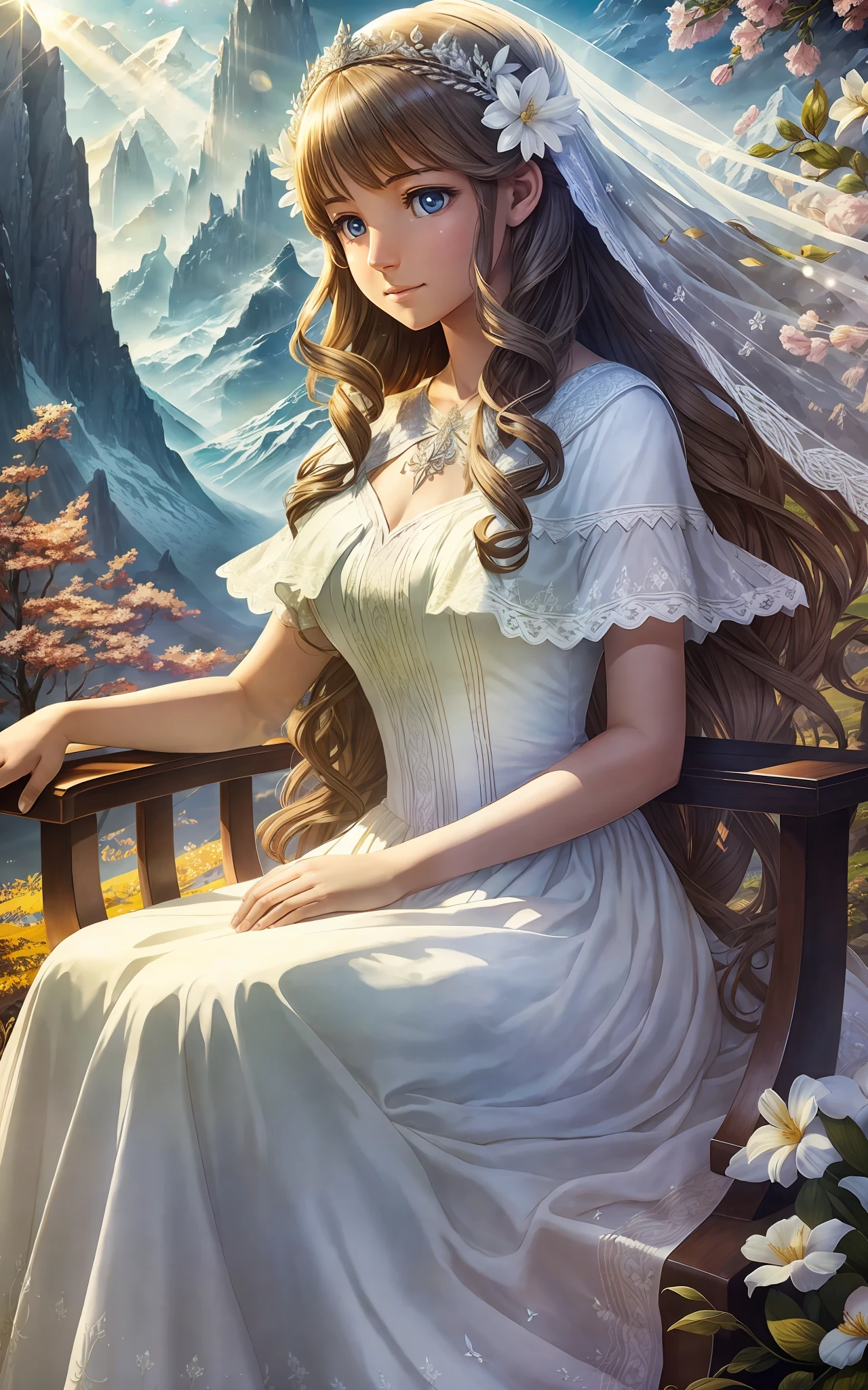 award winning 64k concept art of (1girl:1.2) in white majestic dress sitting on the throne in the mountains, epic, god rays, centered, (masterpiece:1.2), (best quality:1.2), Amazing, highly detailed, beautiful, finely detailed, warm soft color grading, Depth of field, extremely detailed 8k, fine art, stunning, iridescent, shiny, (light reflections:1.2), (crisp:1.5), curls, wind, vibrant, sunlit, (edge detection:1.2)