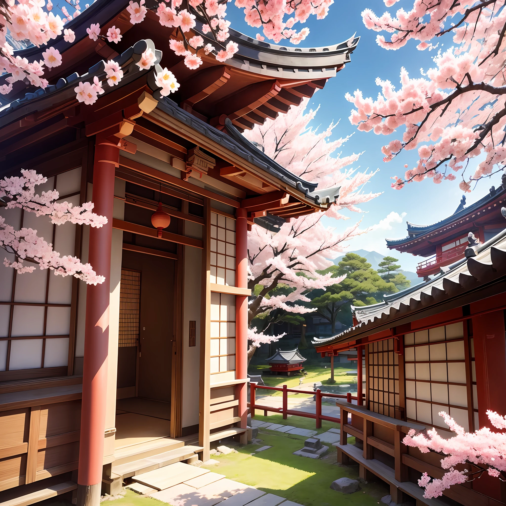 Print, Japanese temple, manga, colorful, sakura, frame, ancient Japan with sakura flowers falling on clear and sunny day.