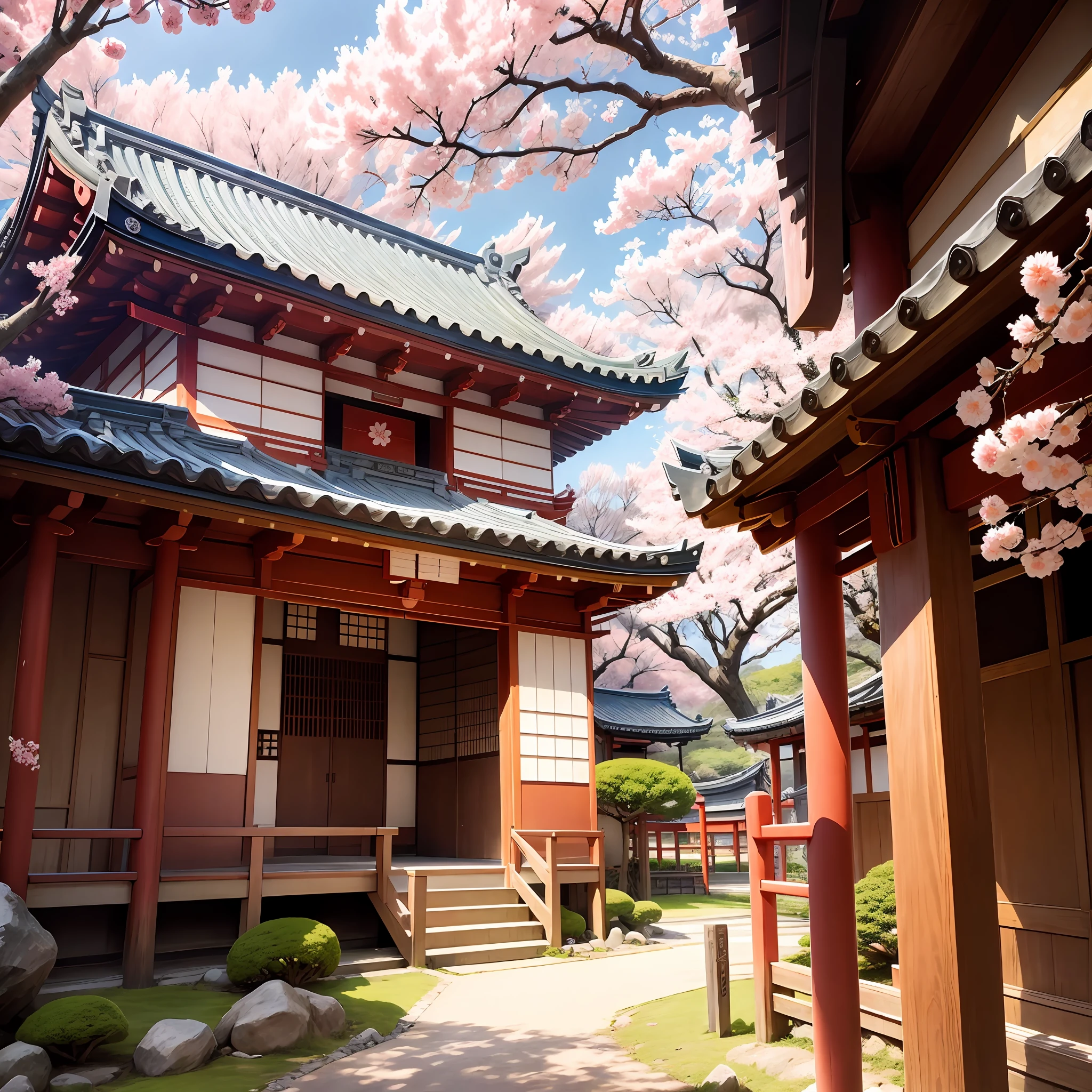 Print, Japanese temple, manga, colorful, sakura, frame, ancient Japan with sakura flowers falling on clear and sunny day.