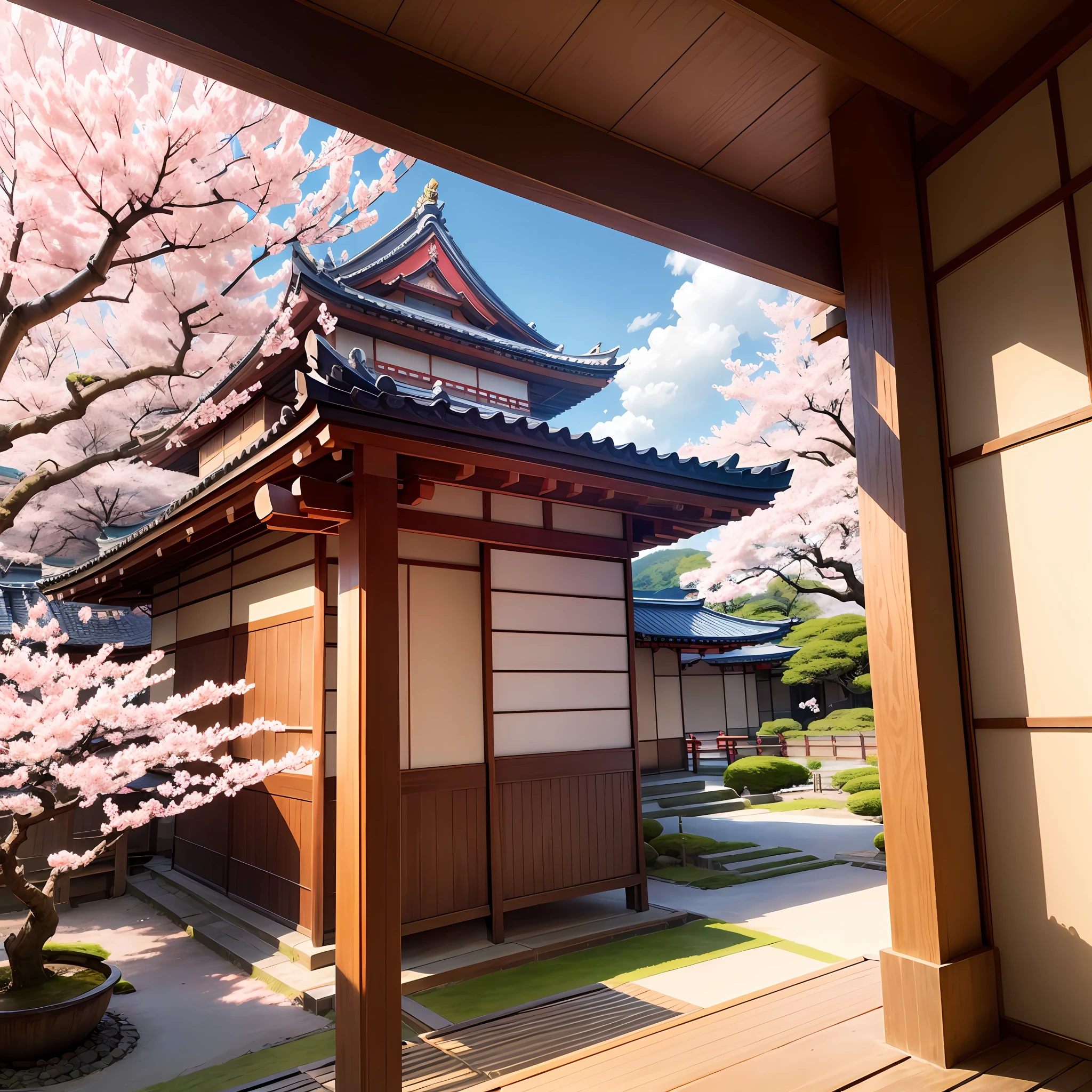 Print, Japanese temple, manga, colorful, sakura, frame, ancient Japan with sakura flowers falling on clear and sunny day.