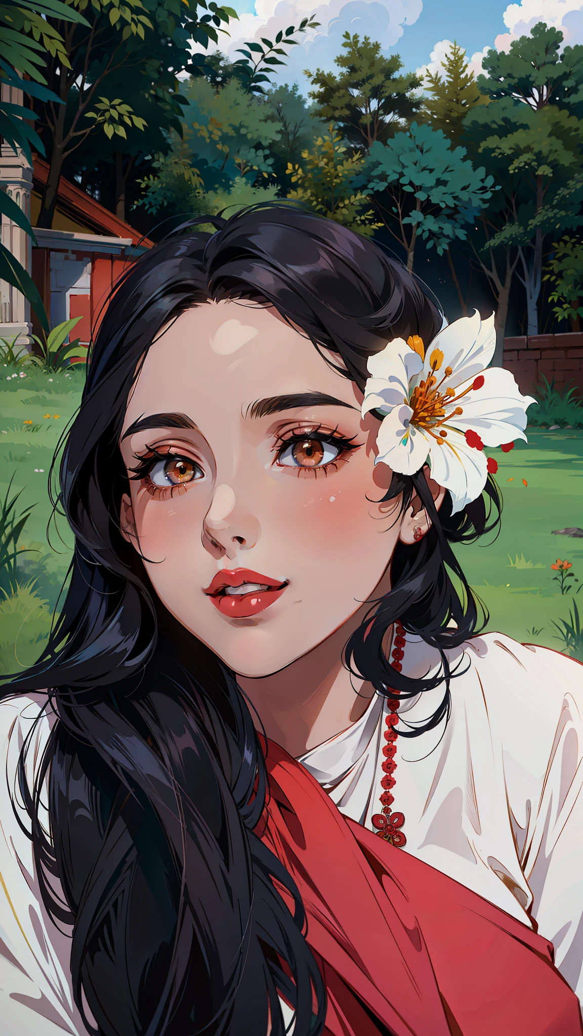 (masterpiece),(best quality:1.0), (ultra highres:1.0), detailed illustration, 8k, anime, 1girl, beautiful anime girl, wearing a white and red saree, beautiful saree, intricate details, black eyes, detailed eyes, black hair, detailed hair detailed, highlights on hair, smiling, matte red lipstick, red lips, yellow flower, anime style, best quality, detailed