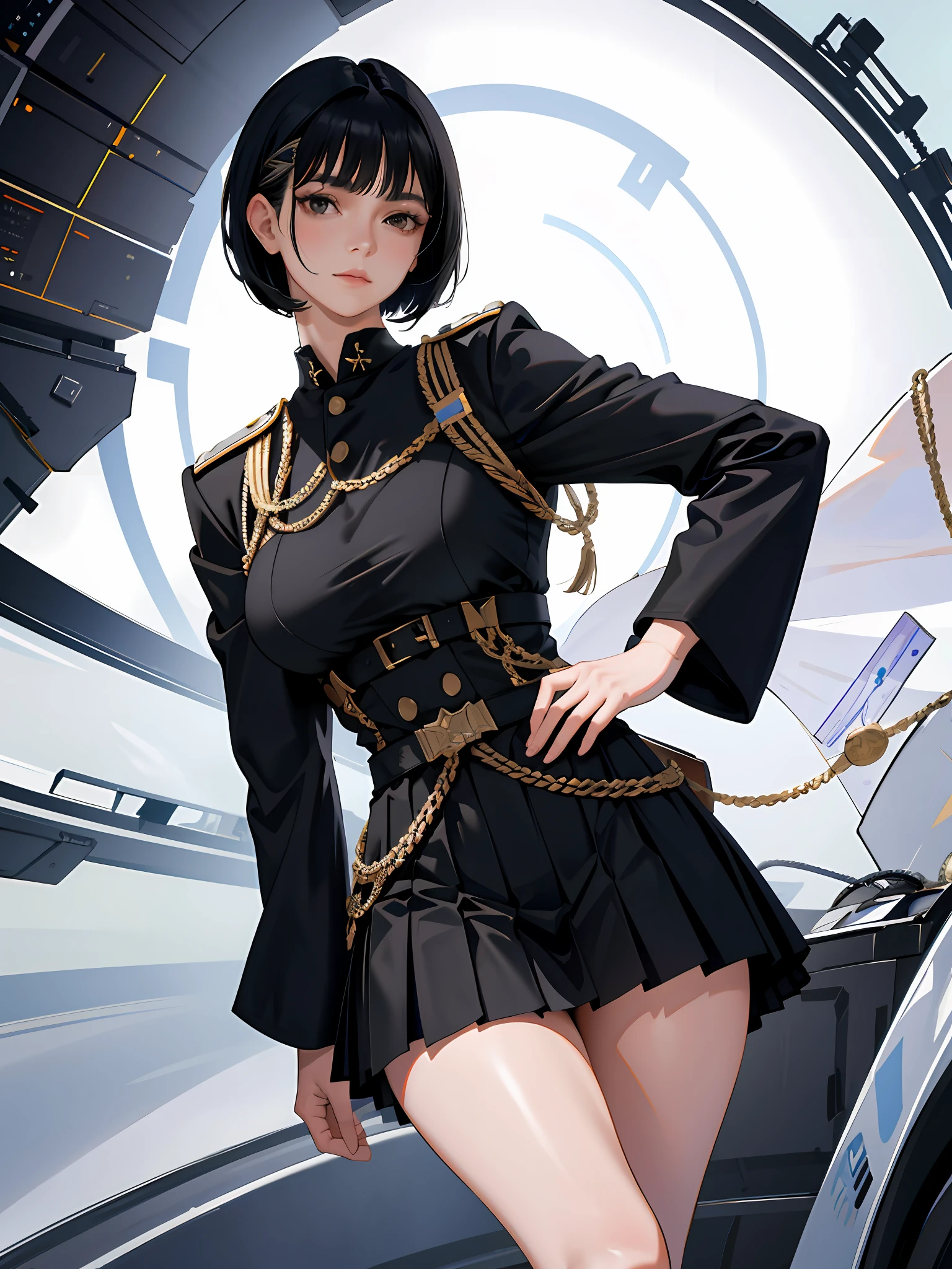 (highest resolution, distinct_image), best quality, masterpiece, highly detailed, semi realistic, a woman with short black hair, (black hair), (black eyes), mature woman, triple bangs, black uniform, black pleated skirt, military uniform, beautiful woman, spaceship space, control room, commander