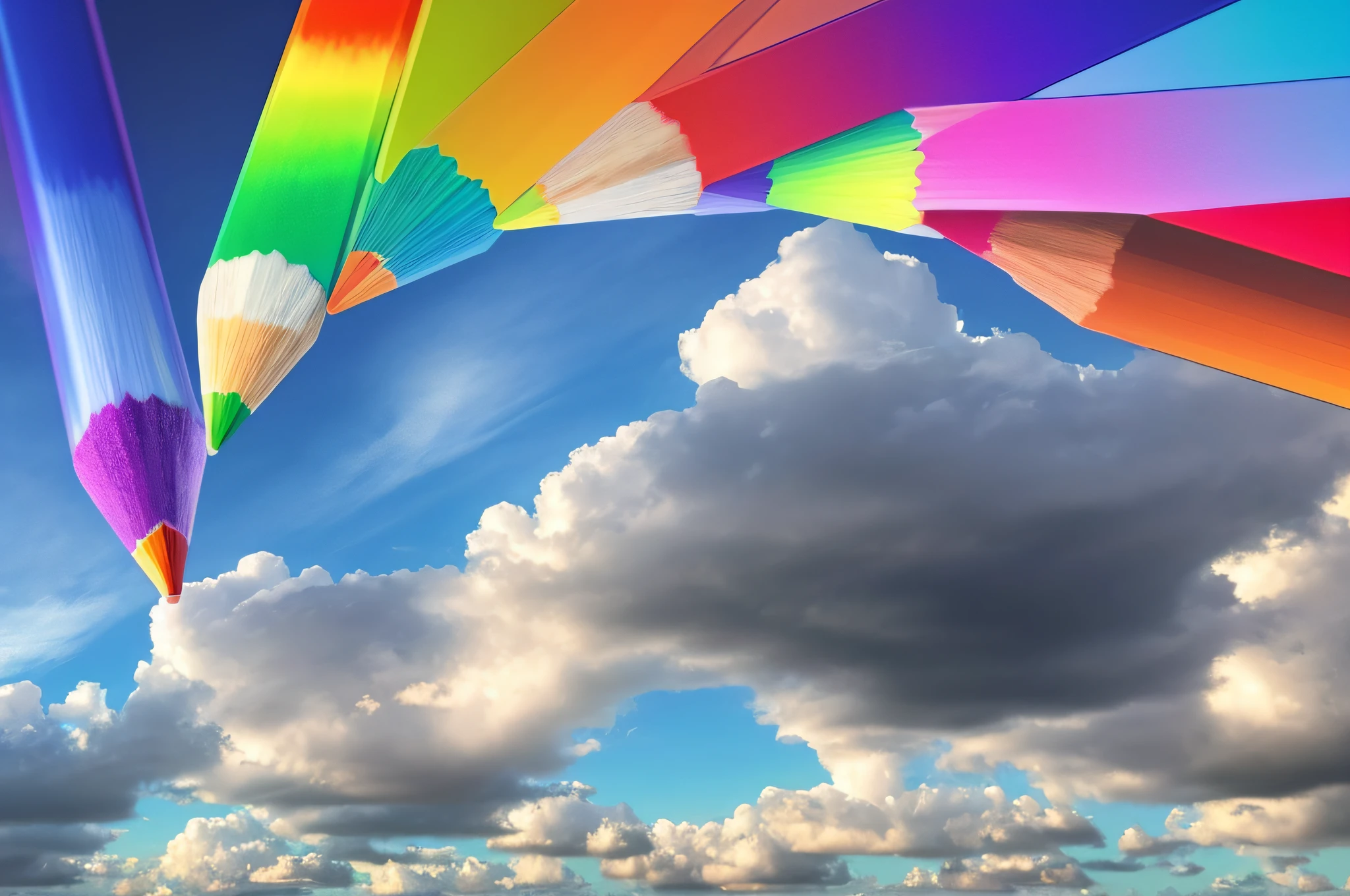 there are many colored pencils sticking out of a cloud, colorized pencil, colored pencils, pencils, rainbow colored clouds, color pencil, blue sky with colorful clouds, colorful clouds, colored, clouds background, pencil, colorful picture, crayons, cloud background, details and vivid colors, various colors, pencil marks hd, colorized background, on a bright day, multicolored