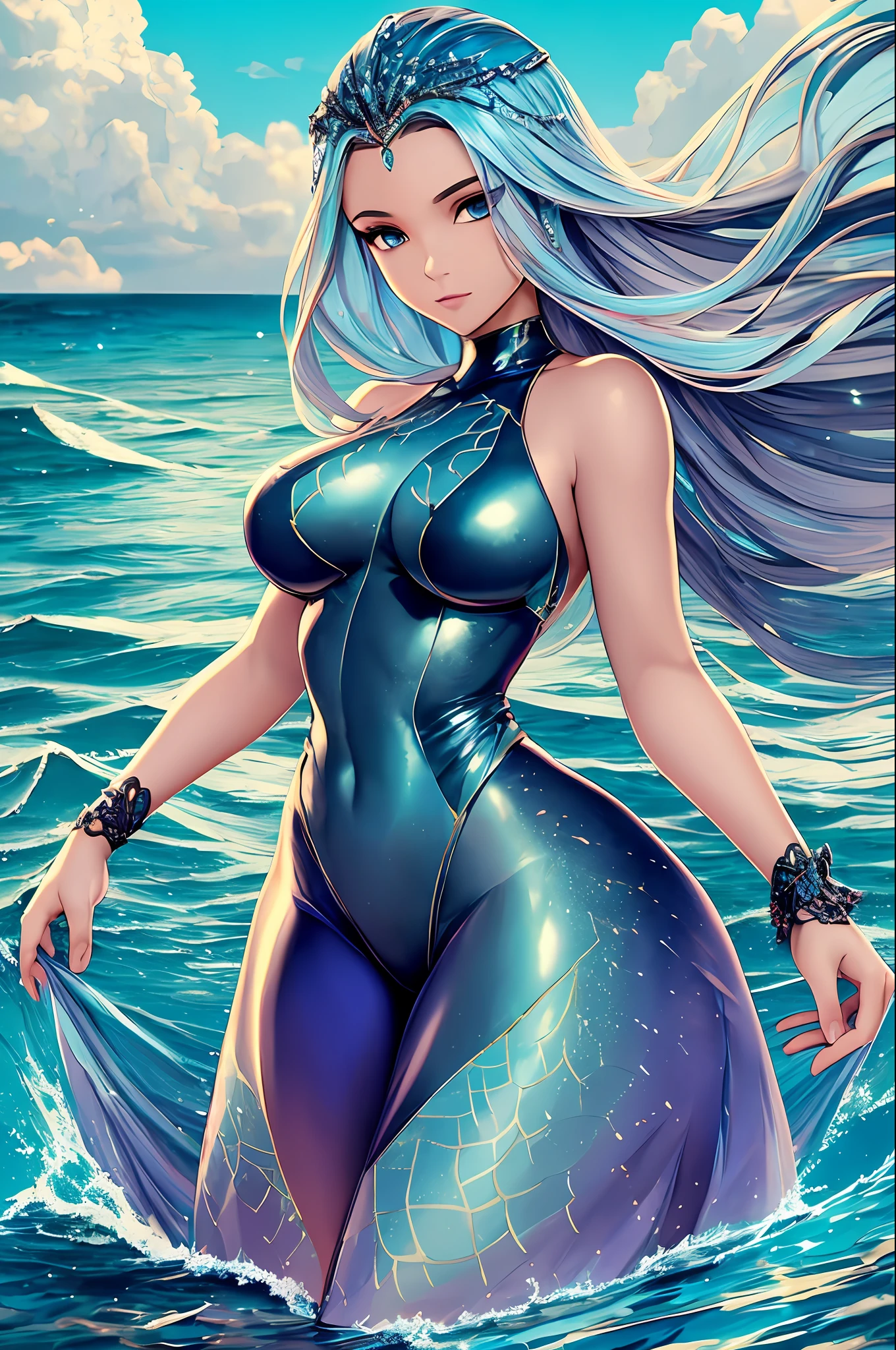fortnite style, life-like woman standing in the middle of a calm ocean. The woman has luscious, flowing hair that seems to be blowing in the breeze, and her skin is flawless and glowing. She wears a sleek, form-fitting bodysuit that appears to be made of shimmering scales, and her hands rest delicately on her hips. Surrounding her are gentle waves that lap at her feet, creating a serene and peaceful atmosphere. The colors of the image are vibrant and eye-catching, with shades of blues, greens, and purples dominating the palette. --auto --s2