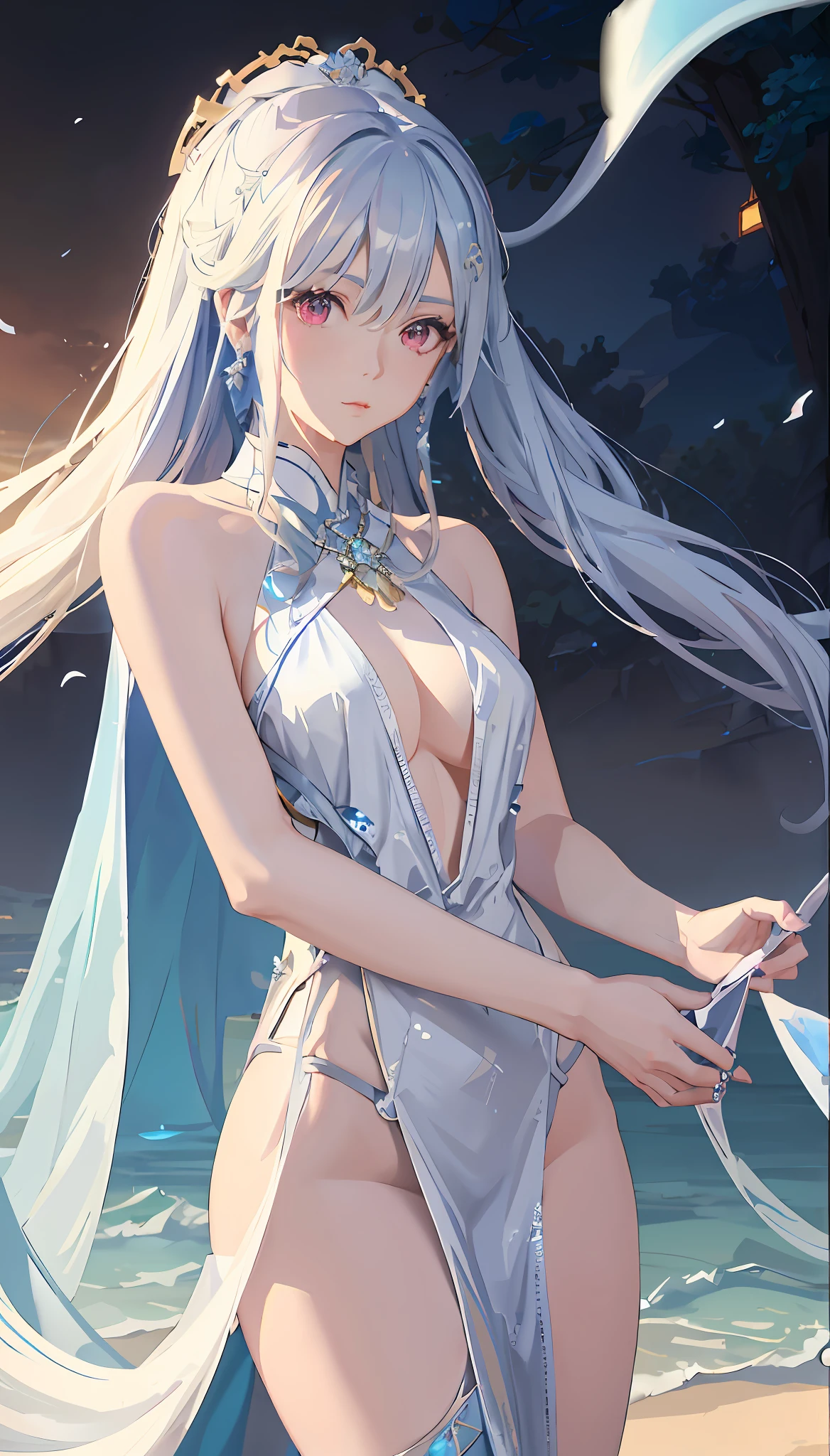anime girl with long white hair and blue dress on the beach, anime goddess, white haired deity, trending on cgstation, beautiful alluring anime woman, fanart best artstation, extremely detailed artgerm, artwork in the style of guweiz, full body xianxia, seductive anime girl, smooth anime cg art, guweiz on artstation pixiv
