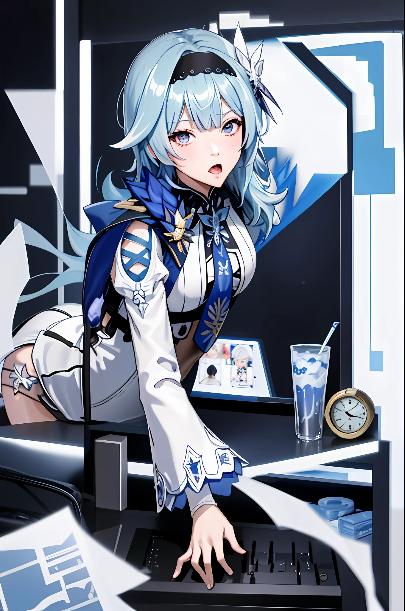 eula ghenshin impact, ghenshin impact eula, anime girl with blue hair playing a game on a computer, masterpiece,1girl, solo, through screen, monitor, white strapless dress, tongue out, hair over one eye, white dress,torn clothes, long hair,blue hair, very long hair