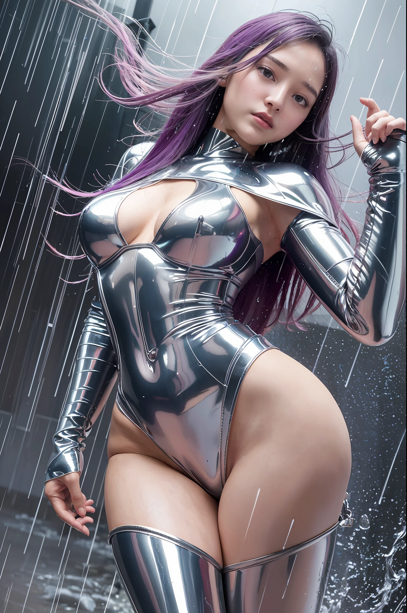 4K, f/2.4, 24mm, shutter speed 1/150sec, photorealistic, high resolution, best quality, masterpiece, upscale, 8k, 1girl, big, navel, crotch, buttocks, shiny purple hair, soaking wet body, small suit to fit body type, perfect skin, wavy wet hair, goddess in armor, desperate shape, full body shot, shiny silver armor, storm, flame((Dynamic composition: 1.2)), ((Dynamic composition: 1.2)), (Warring States period)), (((Pouring rain: 1.9)), rain legs visible, lighting from the back, ((Lighting from diagonally from the front 1/30)), professional lighting, big pose, (rotating pose),