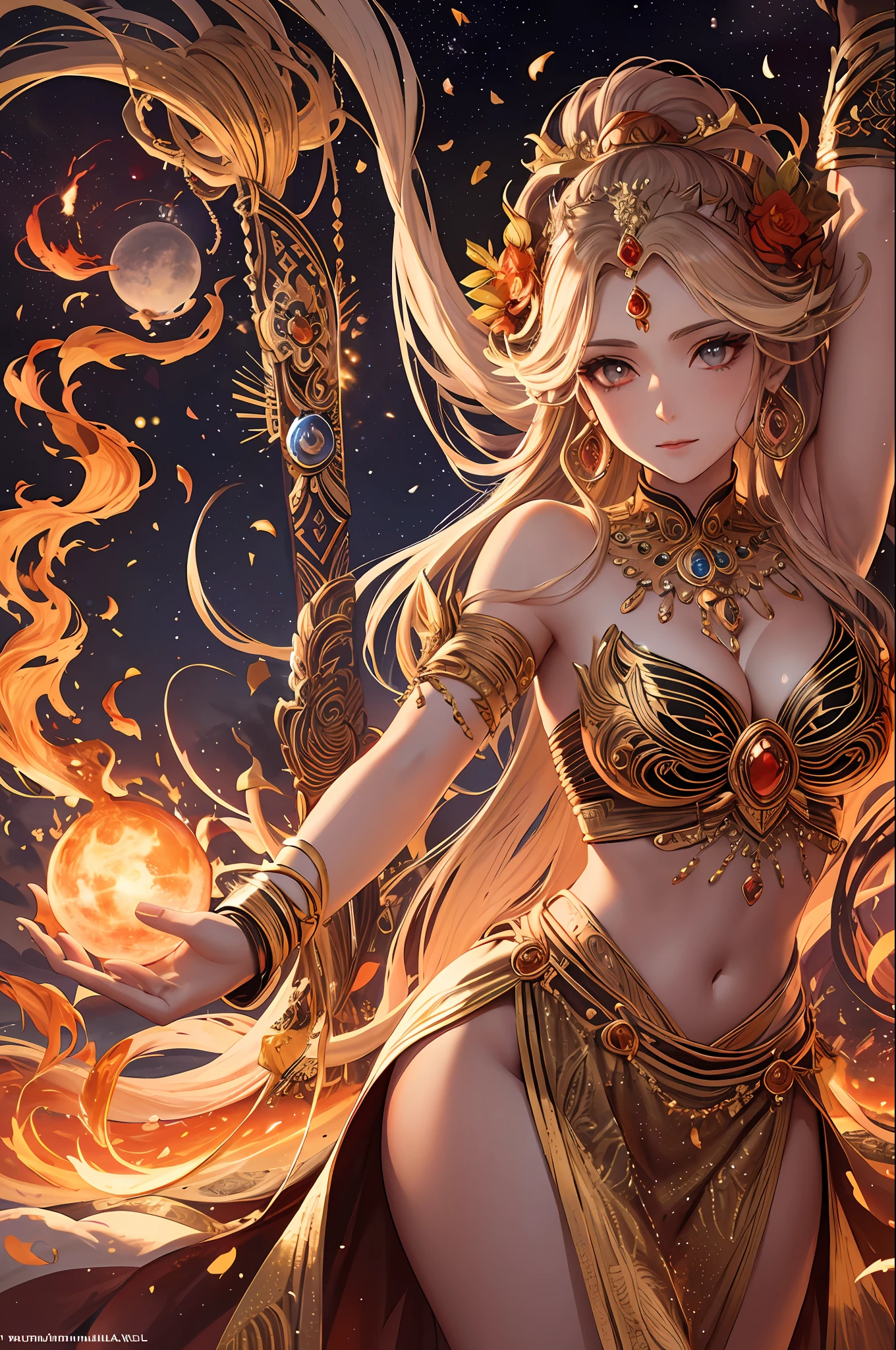 Dancing on the altar of the temple on moonlit nights, she is a goddess of fire with hair made of flame and skin that shines like molten iron. She has a beautiful face and shining eyes of vivid colors. She wears elaborate and delicate ornaments. A desert oasis lit by moonlight. Detailed drawing. Vivid colors. High image quality.