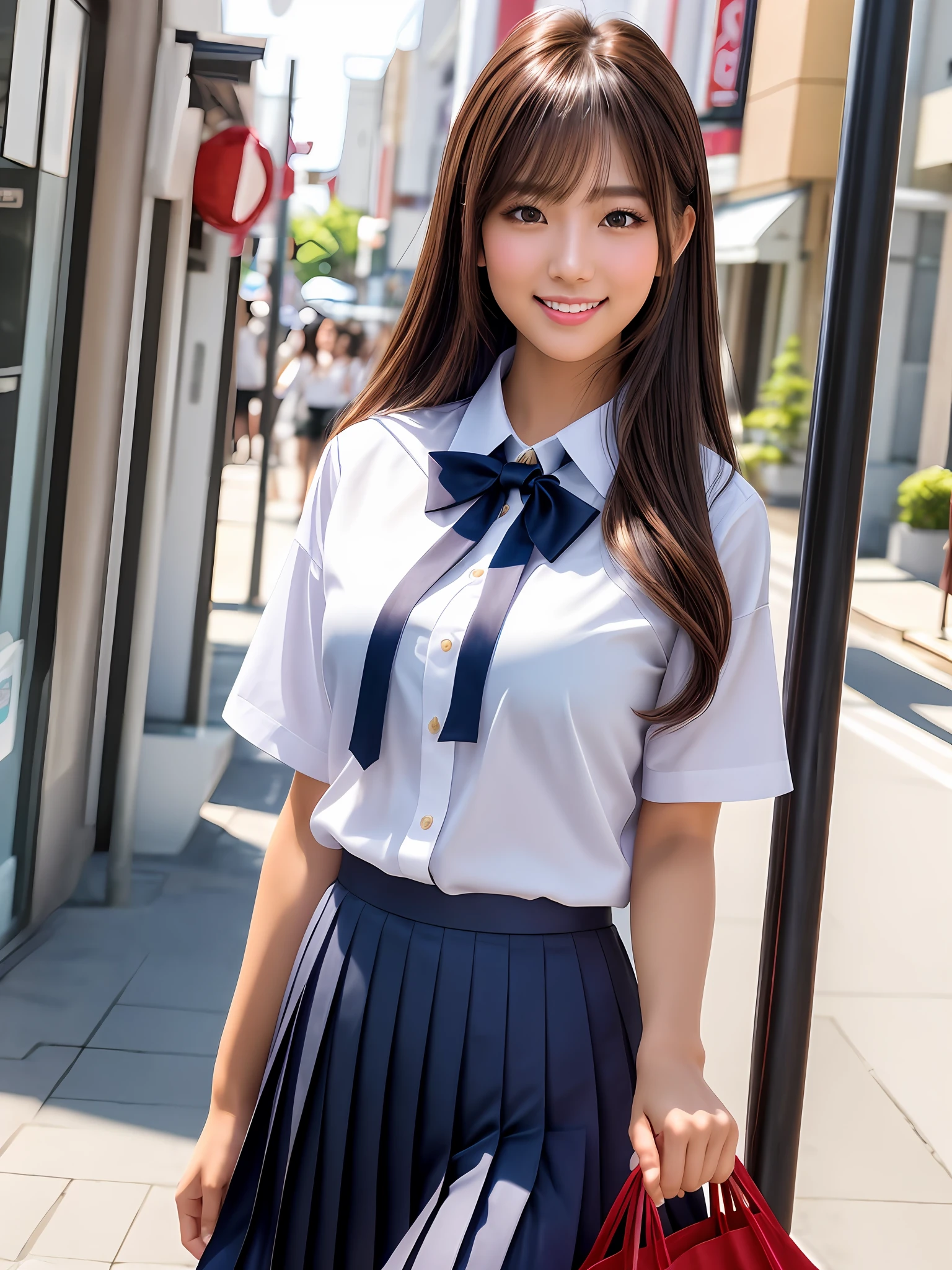 masterpiece, upper body shot, front view, a Japanese young pretty woman, standing in the crowd on the main street with a big smile, carrying a big tote bag on her shoulder, glamorous figure, busty, wearing a short sleeves white collared silky shirt with shiny red satin plain bow tie, wearing a long length dark blue pleated skirt, hyper cute face, glossy lips, double eyelids in both eyes, Natural makeup, long eyelashes, shiny smooth light brown hair of medium length, asymmetrical bangs, tanned skin, in the classroom, head frame, central image, 8K resolution, high detail, detailed hairstyle, Detailed Face, spectacular cinematic lighting, octane rendering, vibrant, hyper realistic, perfect limbs, perfect anatomy