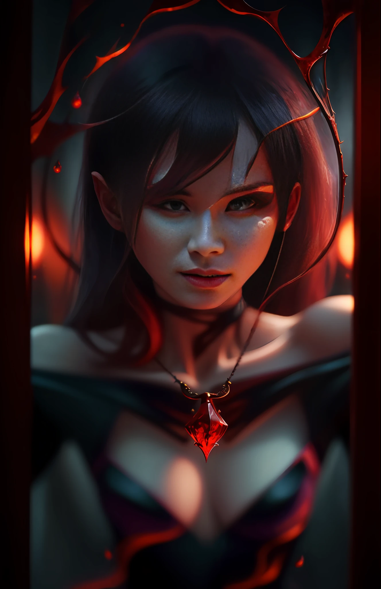 Style-Glass, Award Winning Photo, Masterpiece, Highest Quality, Single Focus, Woman, (Red Skin: 1.3), Demon, (Demon: 1.3), Evil Smile, (Crawling Darkly), (Squirming Darkly), (Swinging Vine), (Screaming), (Flying Dead Ghost)