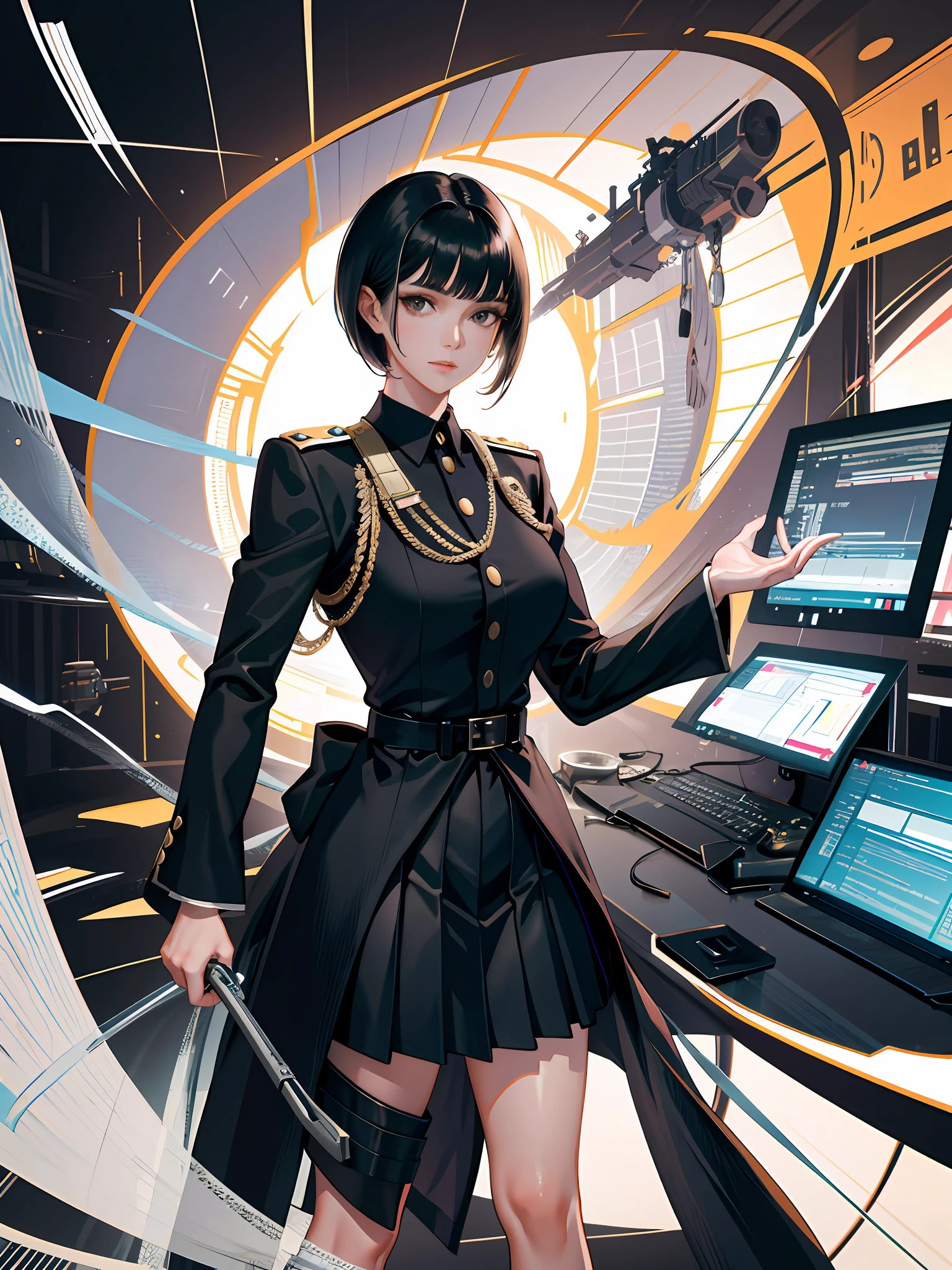 (highest resolution, distinct_image), best quality, masterpiece, highly detailed, semi realistic, a woman with short black hair, (black hair), (black eyes), mature woman, triple bangs, black uniform, black pleated skirt, military uniform, beautiful woman, spaceship space, control room, commander