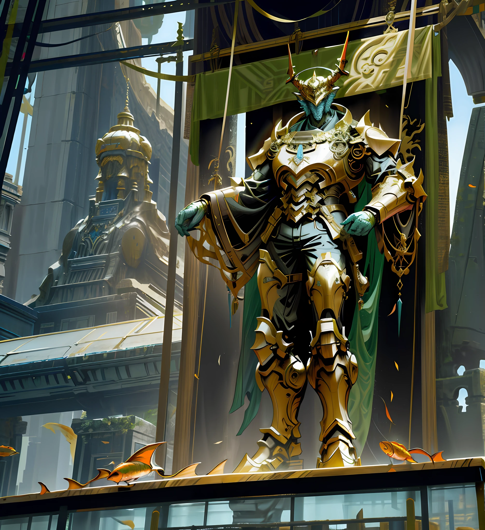 old, inorganic giants, golems, fantasy, super robots, ancient civilisations, Full Body, solo, Fish, dragon,