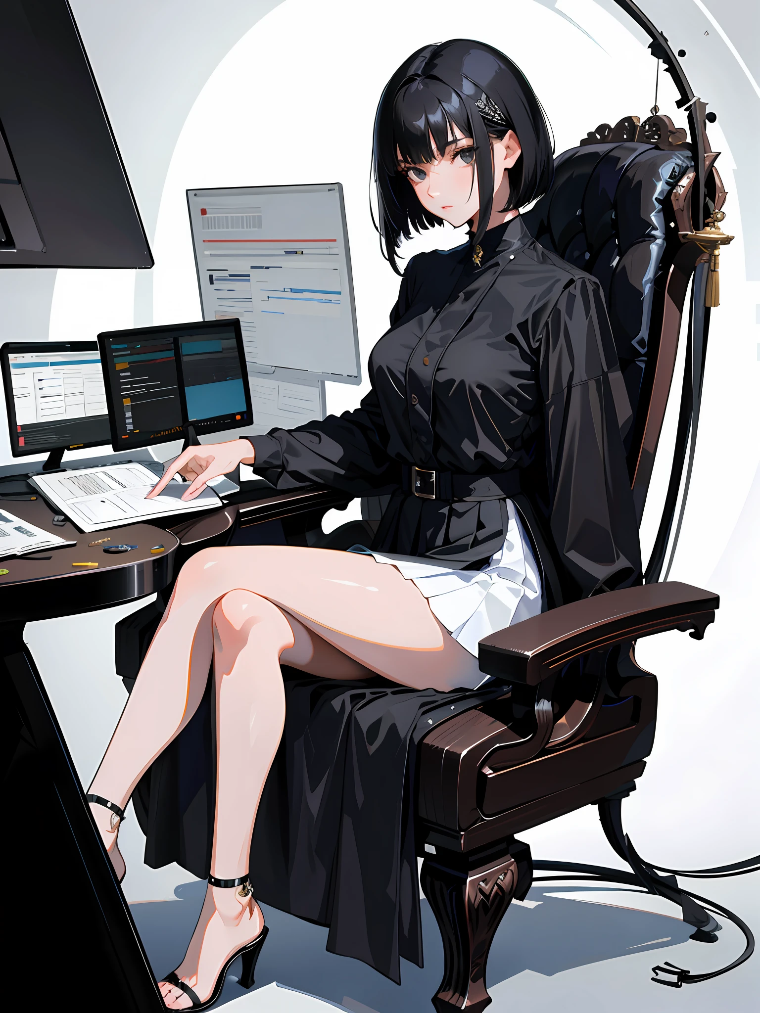 (highest resolution, distinct_image), best quality, masterpiece, highly detailed, semi realistic, a woman with short black hair, (black hair), (black eyes), mature woman, triple bangs, black uniform, black pleated skirt, military uniform, beautiful woman, spaceship space, control room, commander, ship interior