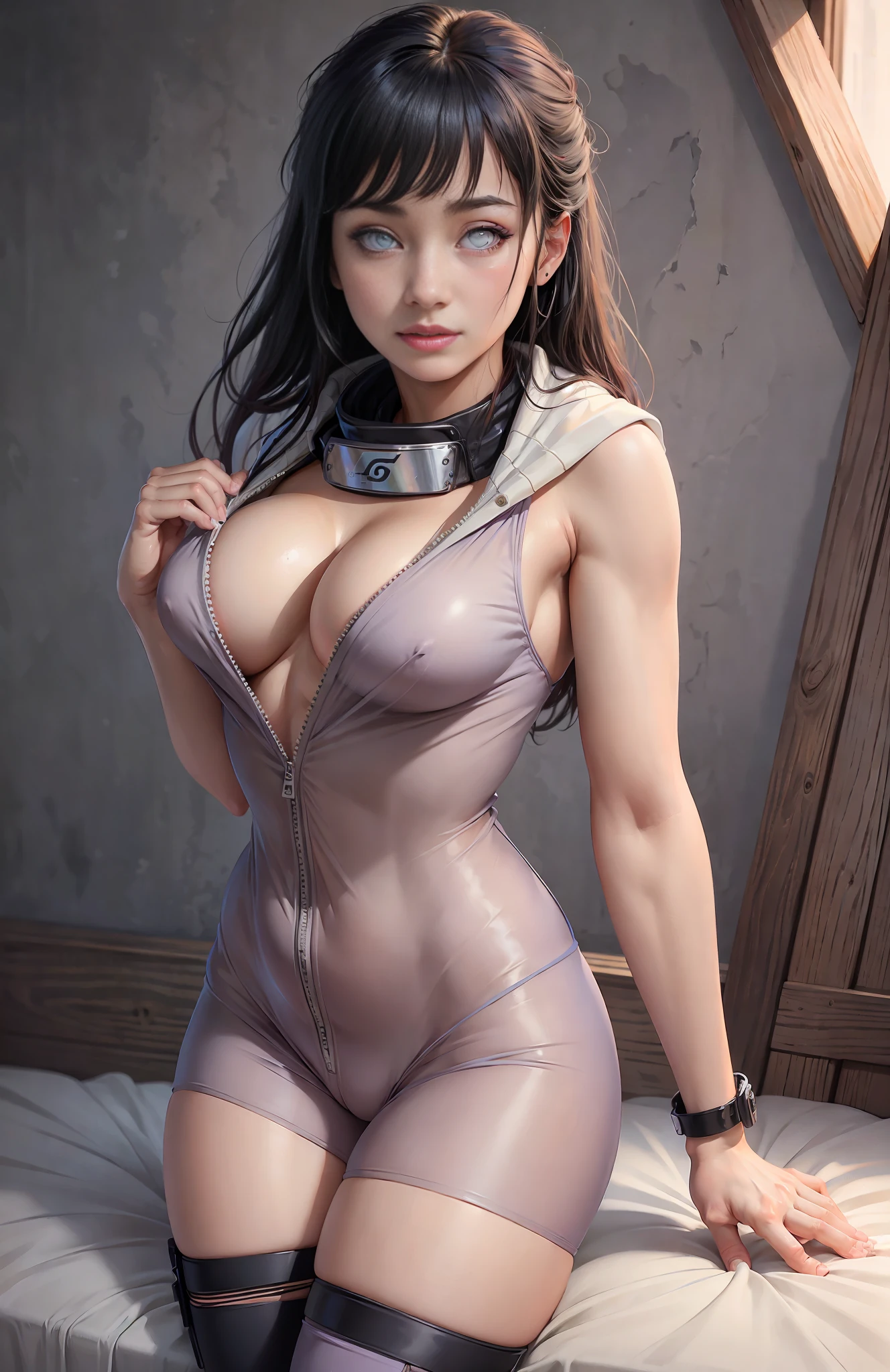 Masterpiece, highest quality, high resolution, detail maniac, high definition, high quality, detailed face, detailed body limbs, detailed detail fingers, 1girl, solo, Hinata Hinata, Hinata sleeveless clothing, bed, sleeveless shirt, fishnet garment, dark lips, unzipped jacket, , tong, exposed , blushing, white light stockings, transparent clothes, pubic hair, exposed, camel fingers,