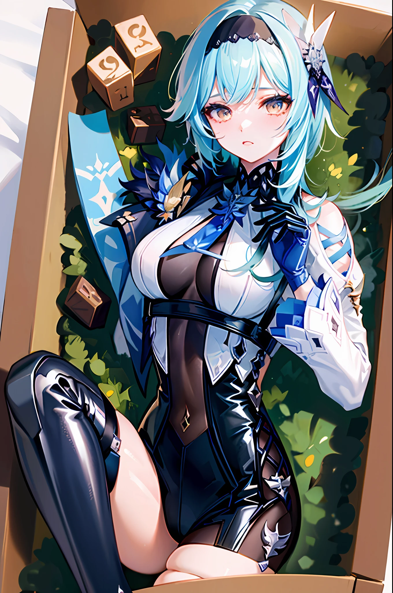 (masterpiece, top quality, best quality, official art, beautiful and aesthetic:1.2),(8k, best quality, masterpiece:1.2), there is a woman sitting in a box full of ice cubes, eula genshin impact, eula game genshin impact, kawacy, splash art anime ****, extremely detailed artgerm, artgerm. anime illustration, from girls frontline, ! dream artgerm, ruan jia and artgerm, 2 hands, 2 legs