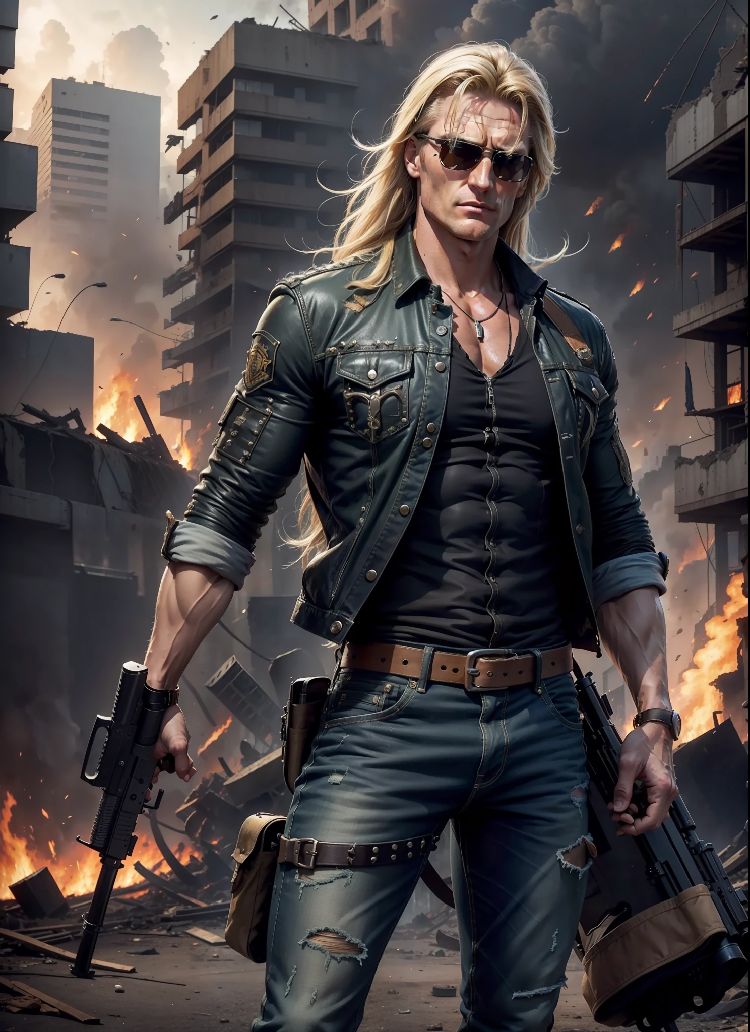 Dolph Lundgreen, Long Hair, Sunlasses, Jeans, 1 Belt, Holster, Rivets, Long Black Cover, Just One Body, Big Gun in Hands, In Ruins, Explosions Behind, Fire Behind, Front View