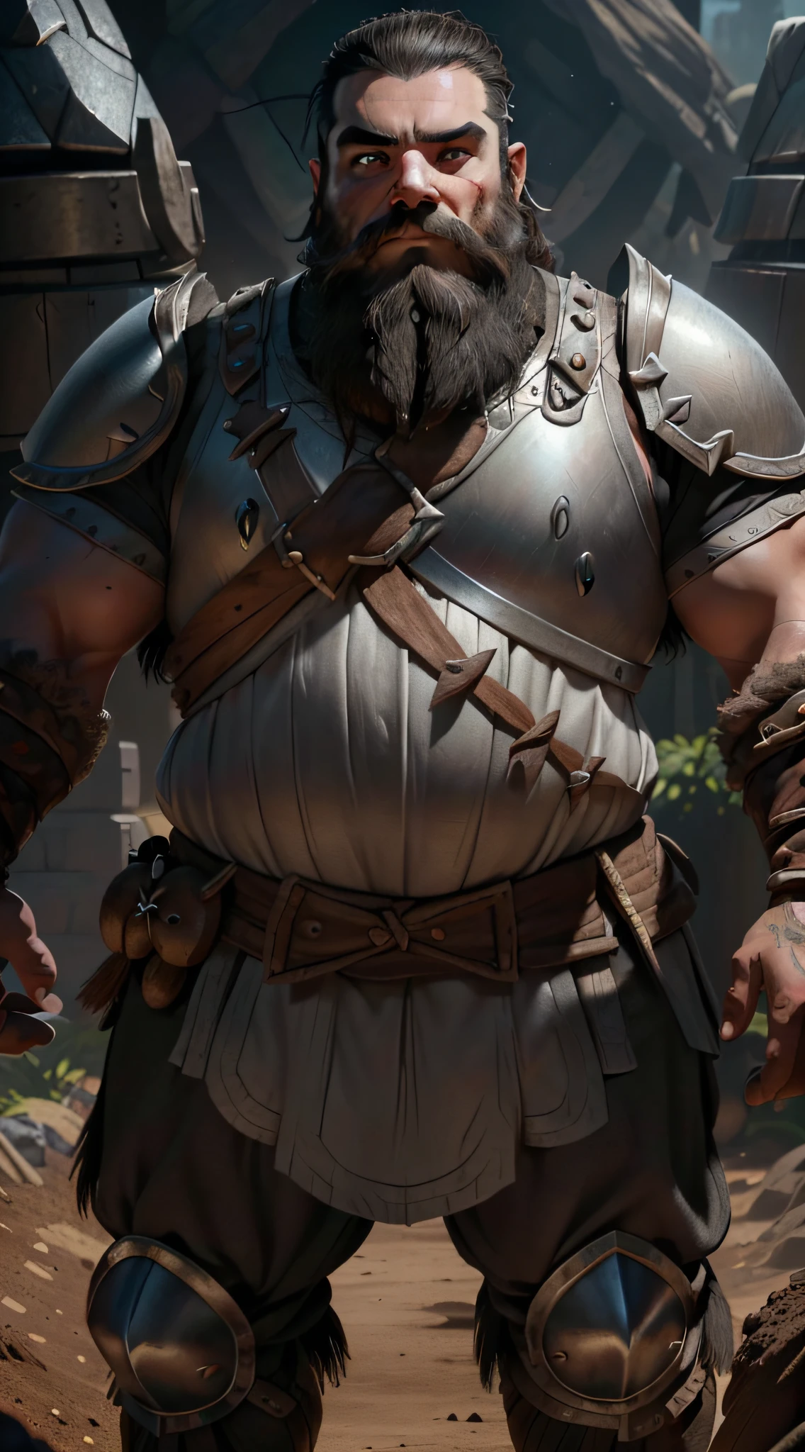 A dwarf, ((((soil))), (white skin, beard full with adornments, short black hair, large and strong nose, eyebrows together and thick), (wears a powerful armor all over his body of steel), is in his forge