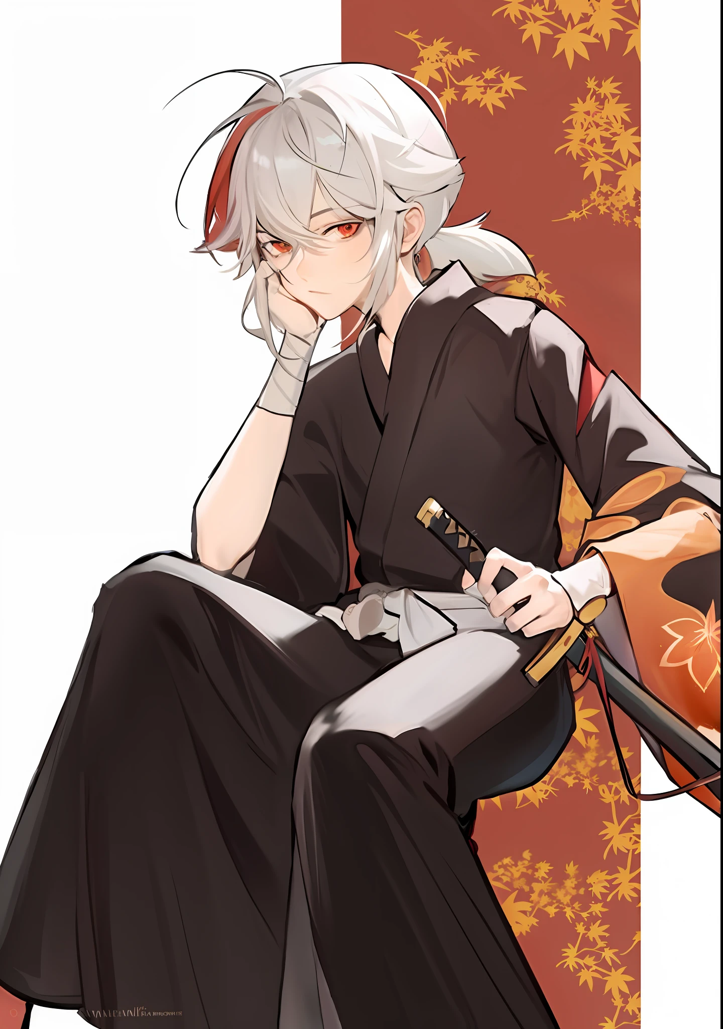 a close up of a person sitting on a chair with a sword, a silver haired mad, hajime yatate, white haired deity, handsome guy in demon slayer art, white - haired fox, ((wearing aristocrat robe)), shigenori soejima illustration, handsome anime pose, male anime character, white haired, white fox anime, anime style character --auto --s2