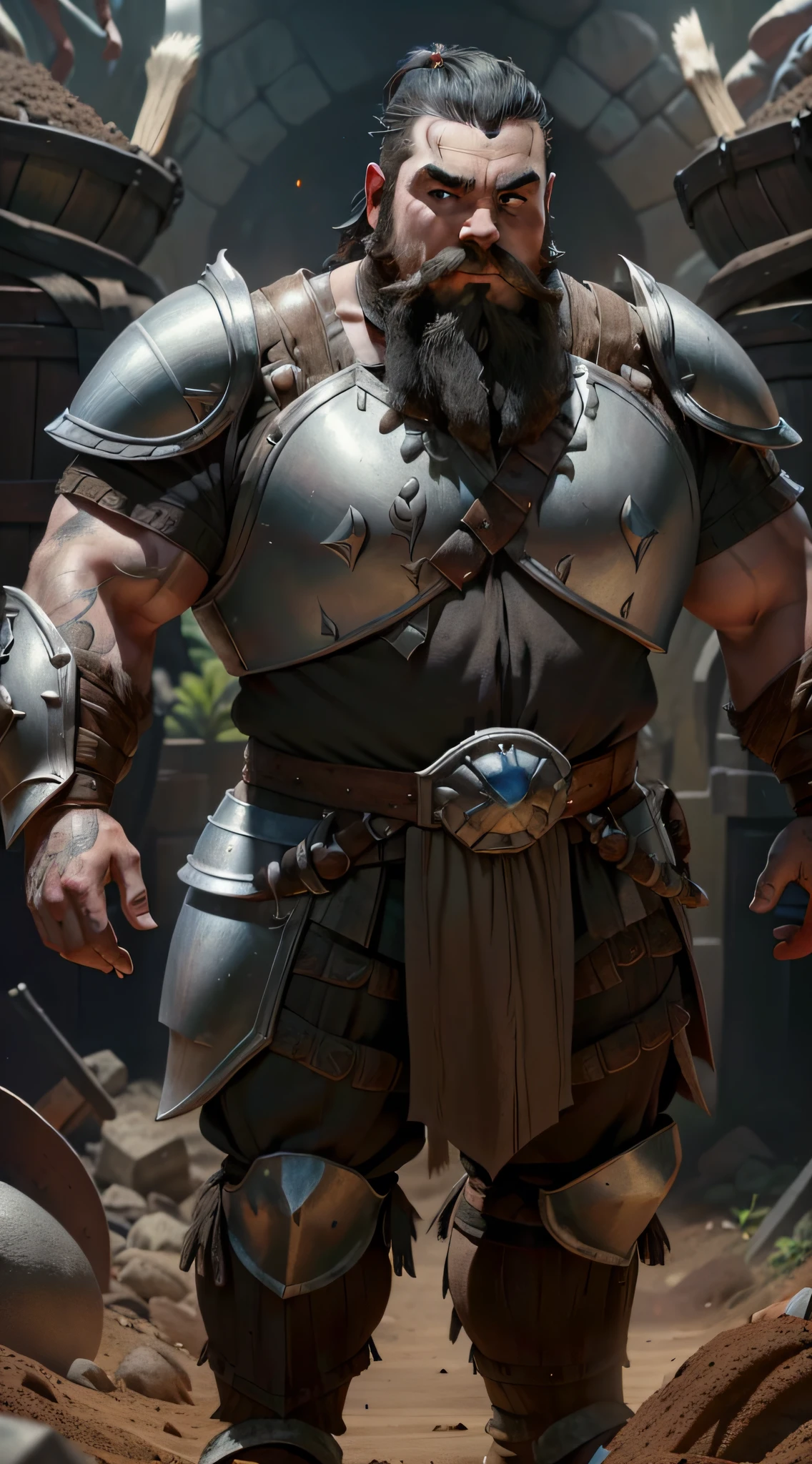 A dwarf, ((((soil))), (white skin, beard full with adornments, short black hair, large and strong nose, eyebrows together and thick), (wears a powerful armor all over his body of steel), is in his forge